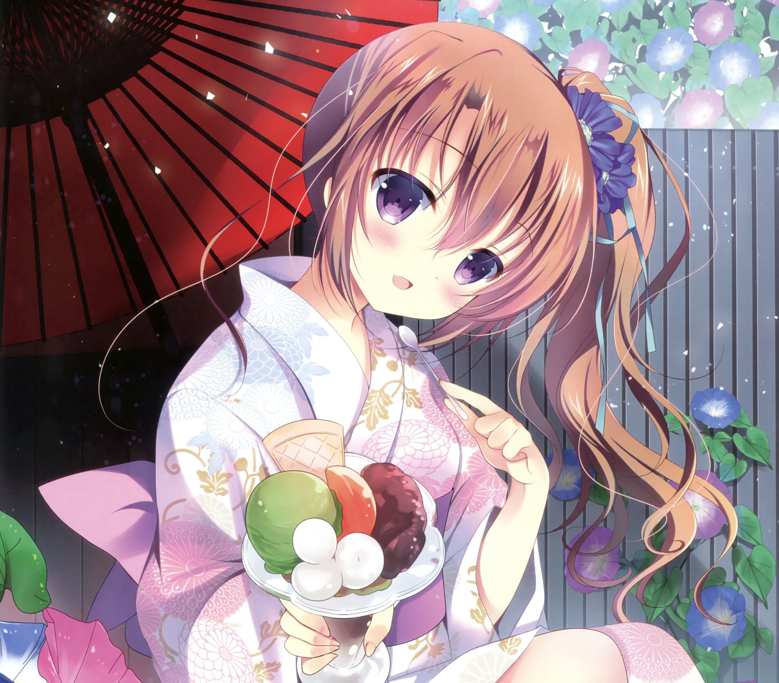 anime, original, blush, brown hair, flower, ice cream, kimono, parasol, purple eyes, smile, spoon iphone wallpaper