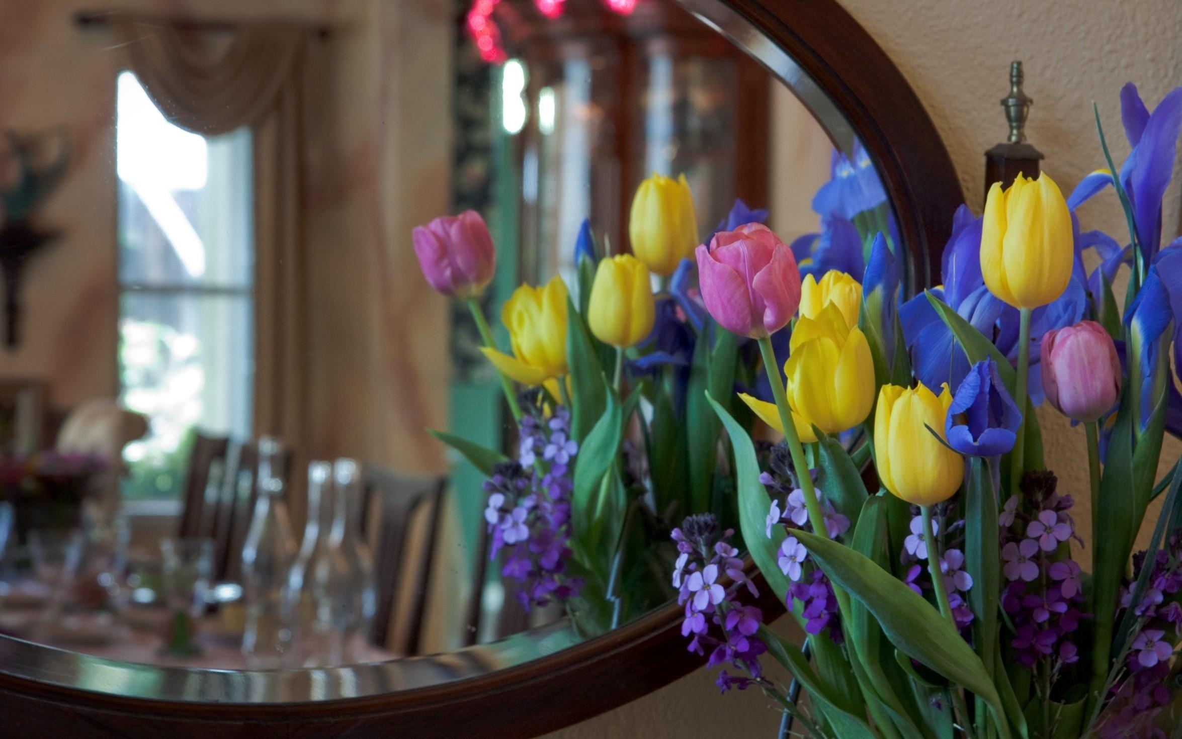 Laden Sie das Strauß, Bouquet, Schwertlilien, Irises, Mattoila, Reflexion, Spiegel, Blumen, Tulpen-Bild kostenlos auf Ihren PC-Desktop herunter