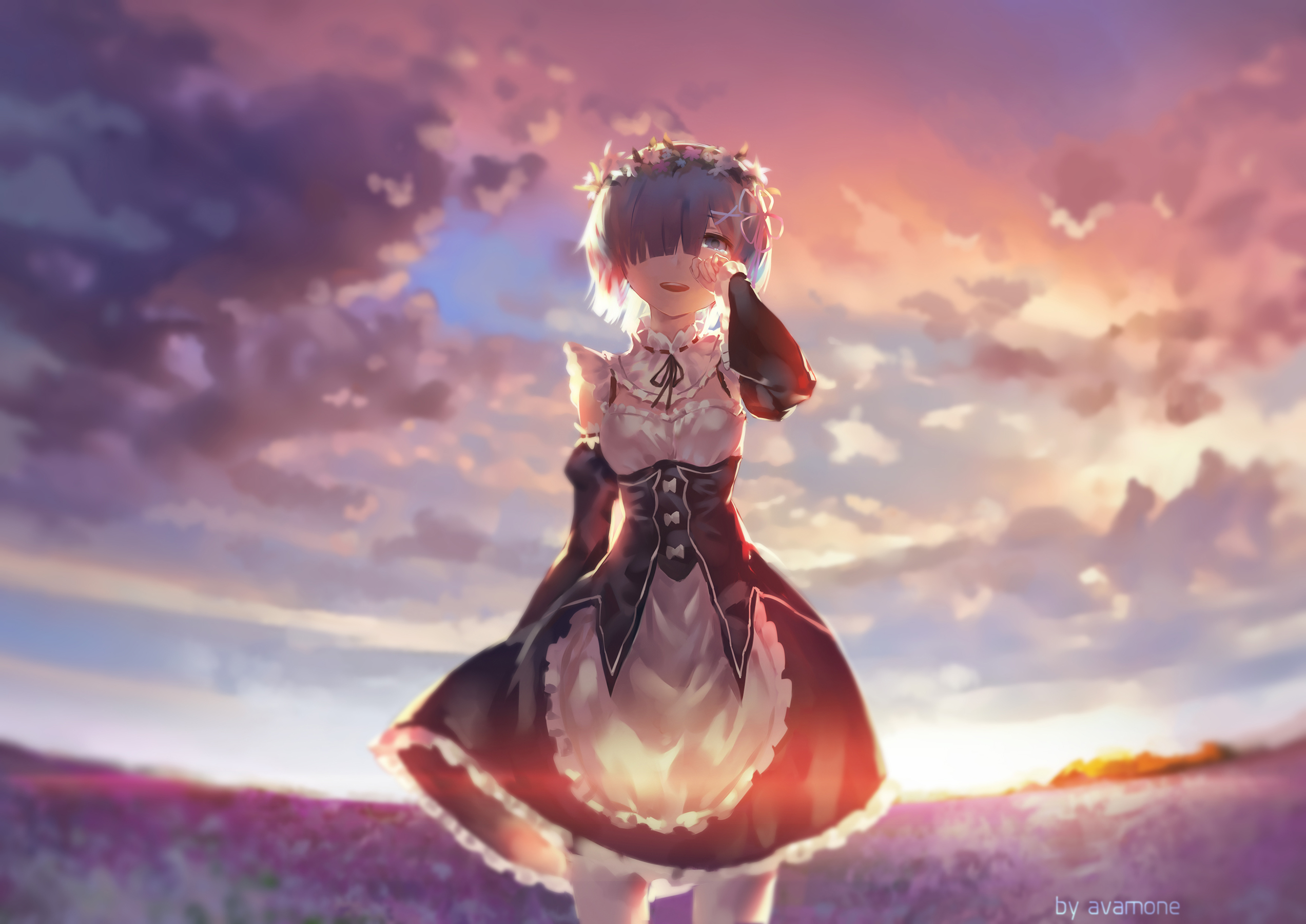re:zero starting life in another world, anime, black dress, blue eyes, blue hair, crying, dress, headband, maid, rem (re:zero), short hair, sunset, tears, thigh highs 1080p