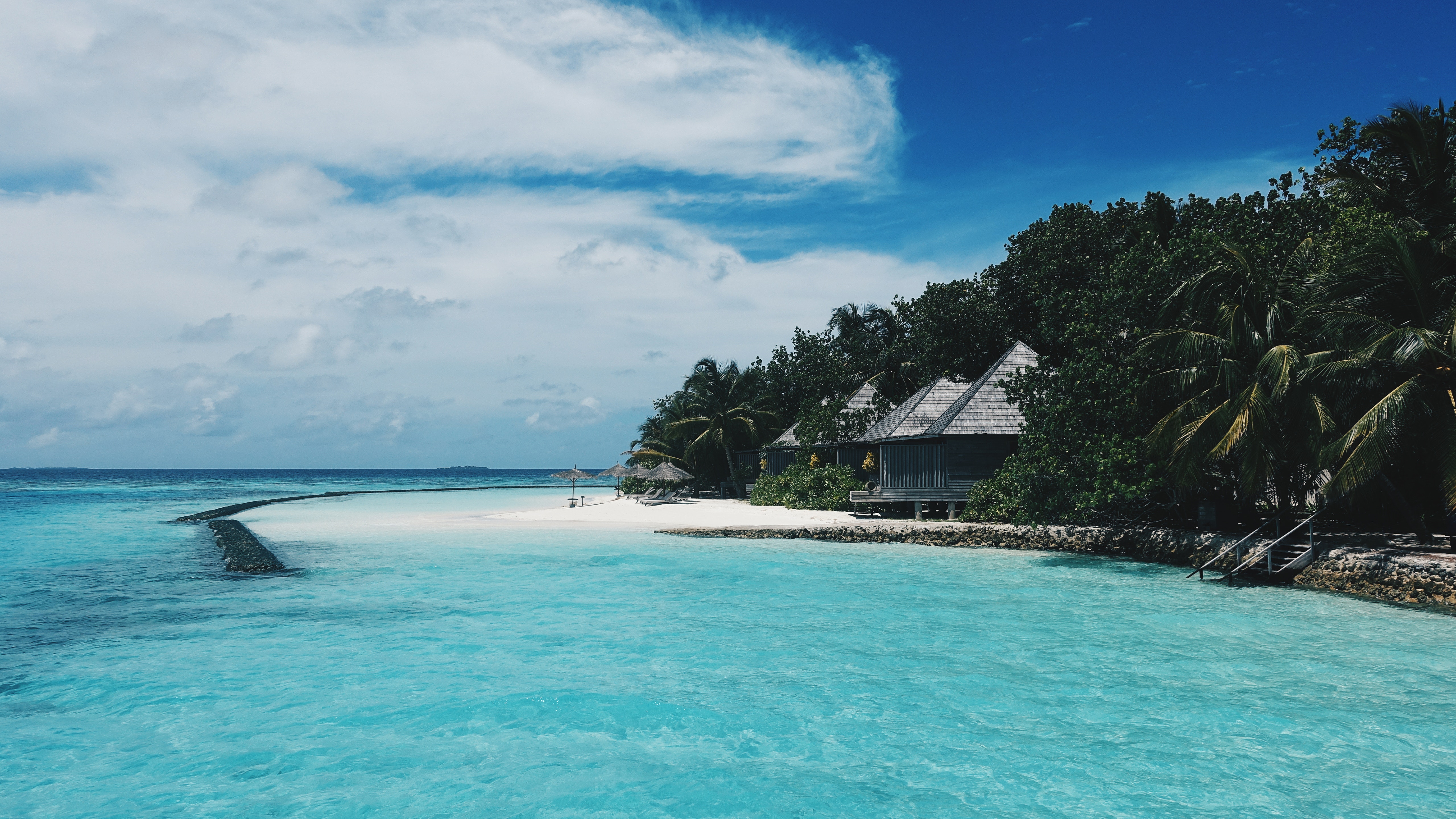 Download mobile wallpaper Summer, Trees, Bungalow, Nature, Tropics, Maldives, Beach for free.
