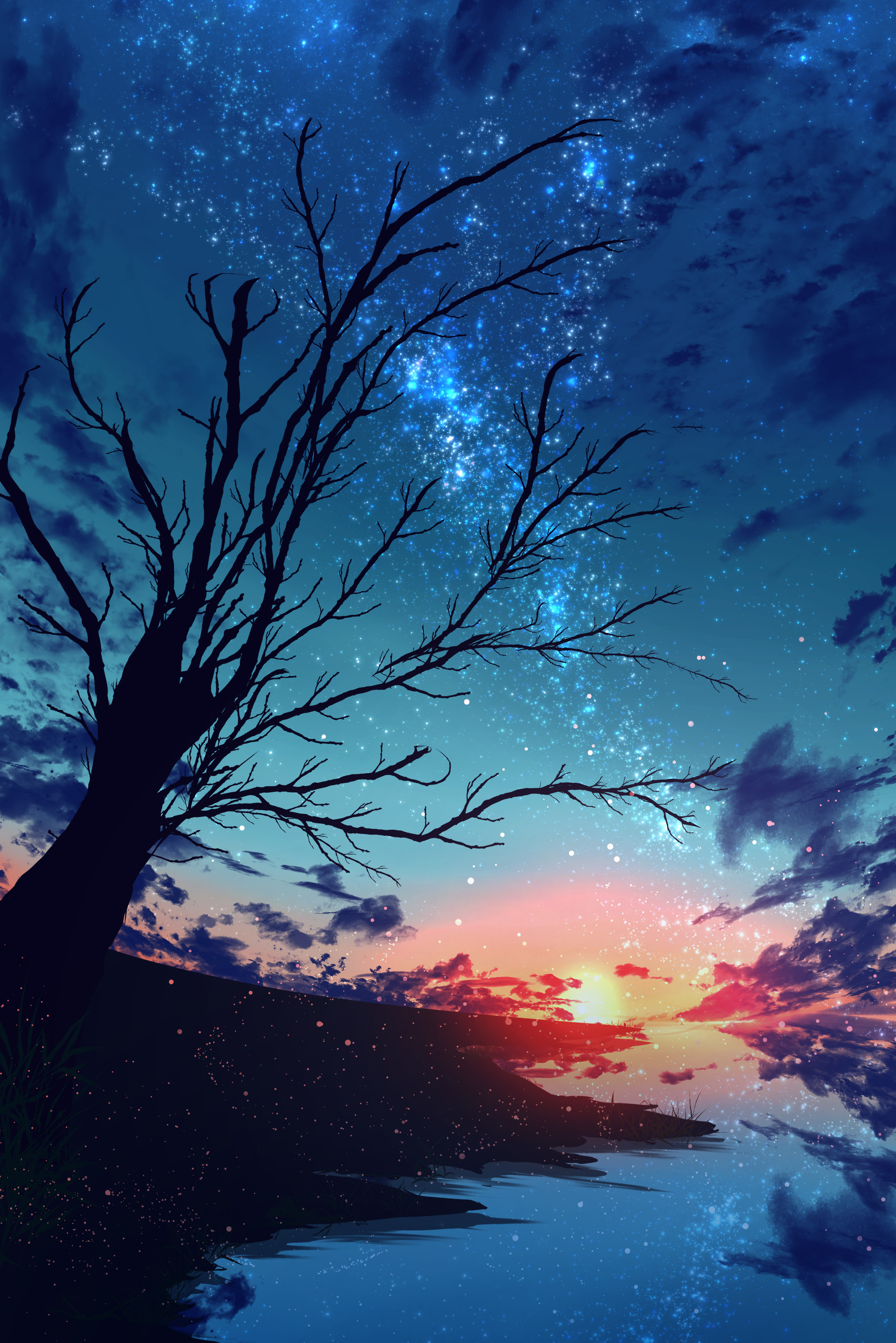art, sunset, stars, wood, tree, branches, nebula, particles 8K