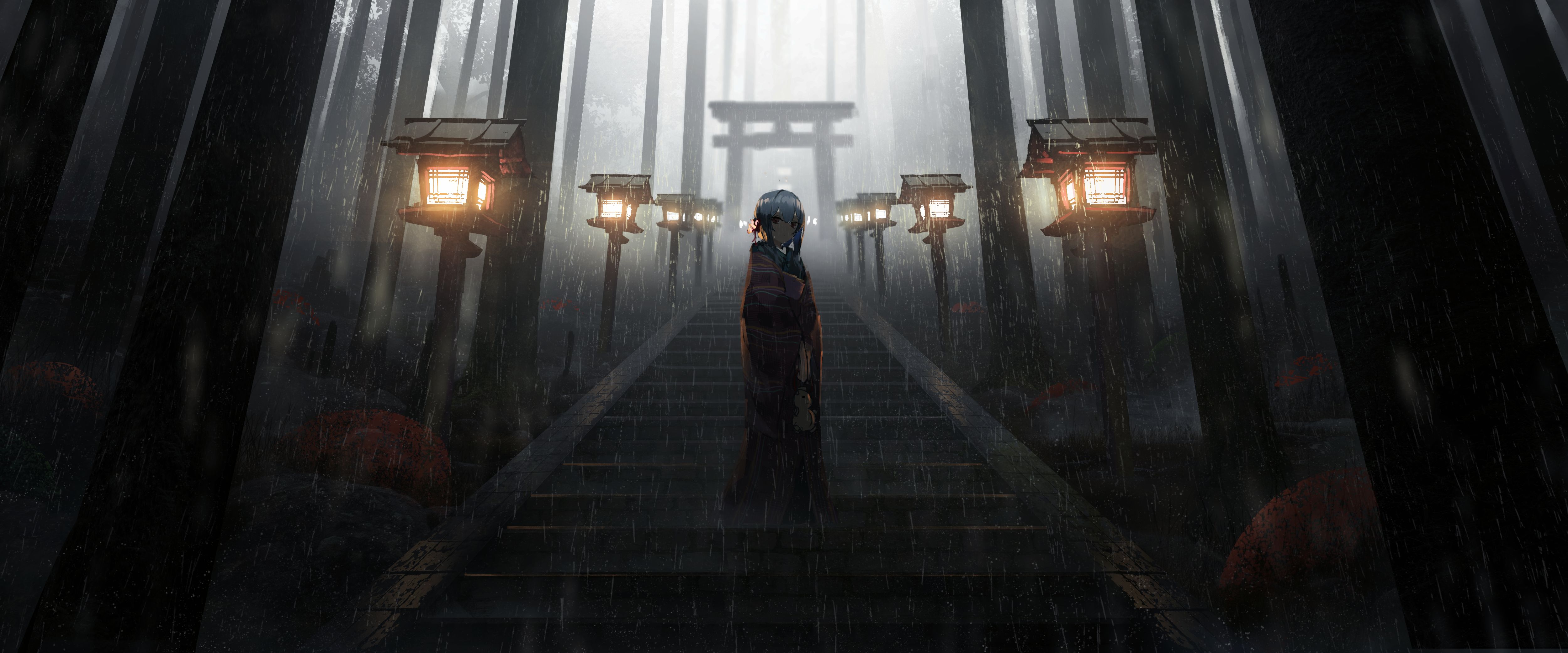 rain, girl, anime, fog, forest, stairs, torii QHD