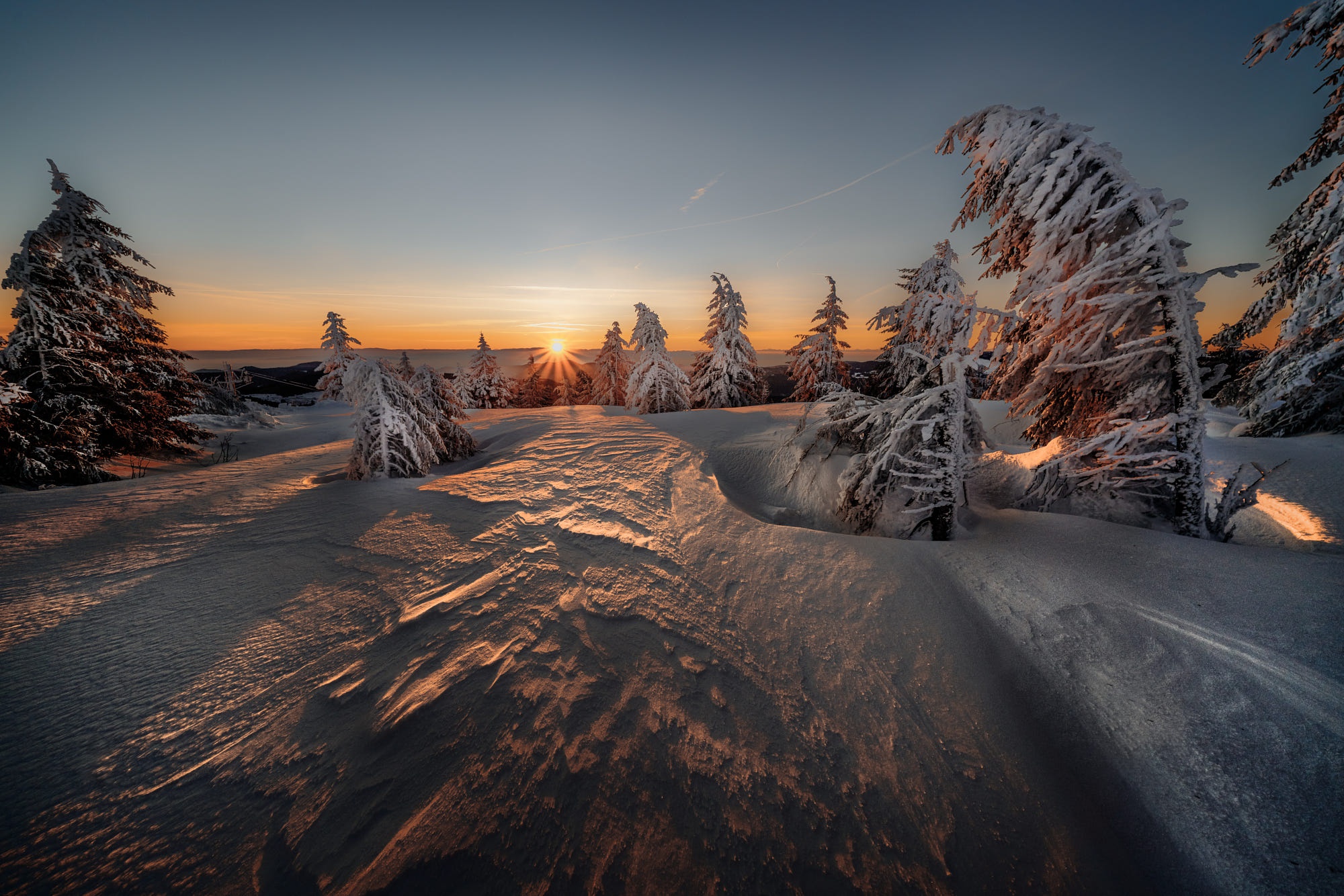 Download mobile wallpaper Winter, Nature, Sunset, Snow, Earth, Spruce for free.