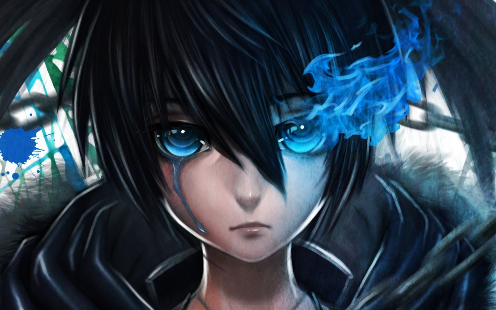 blue eyes, anime, black rock shooter, crying, flame, tears