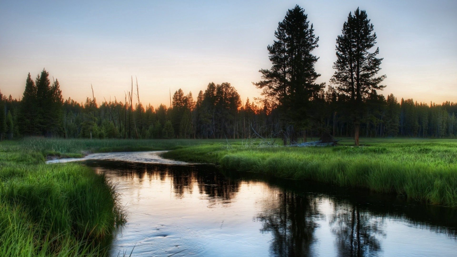 Free download wallpaper Grass, Evening, Rivers, Trees, Nature on your PC desktop