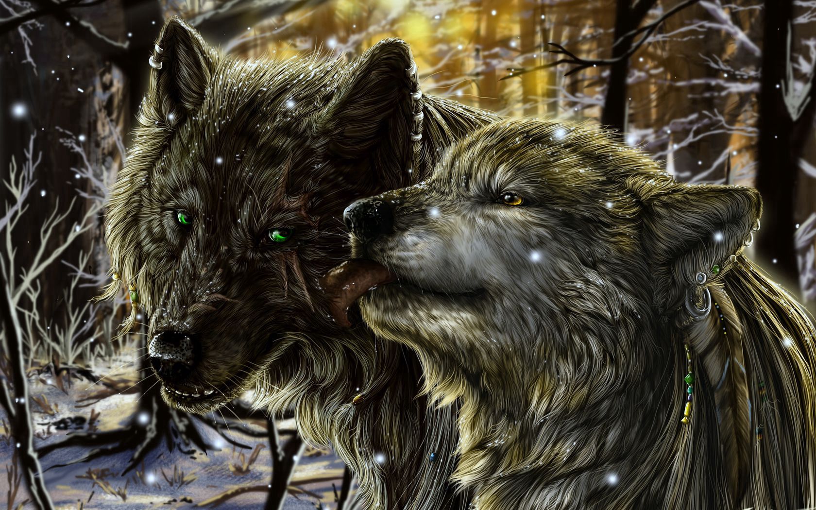 wolfs, fantasy, snow, love, couple, pair, tenderness, language, tongue