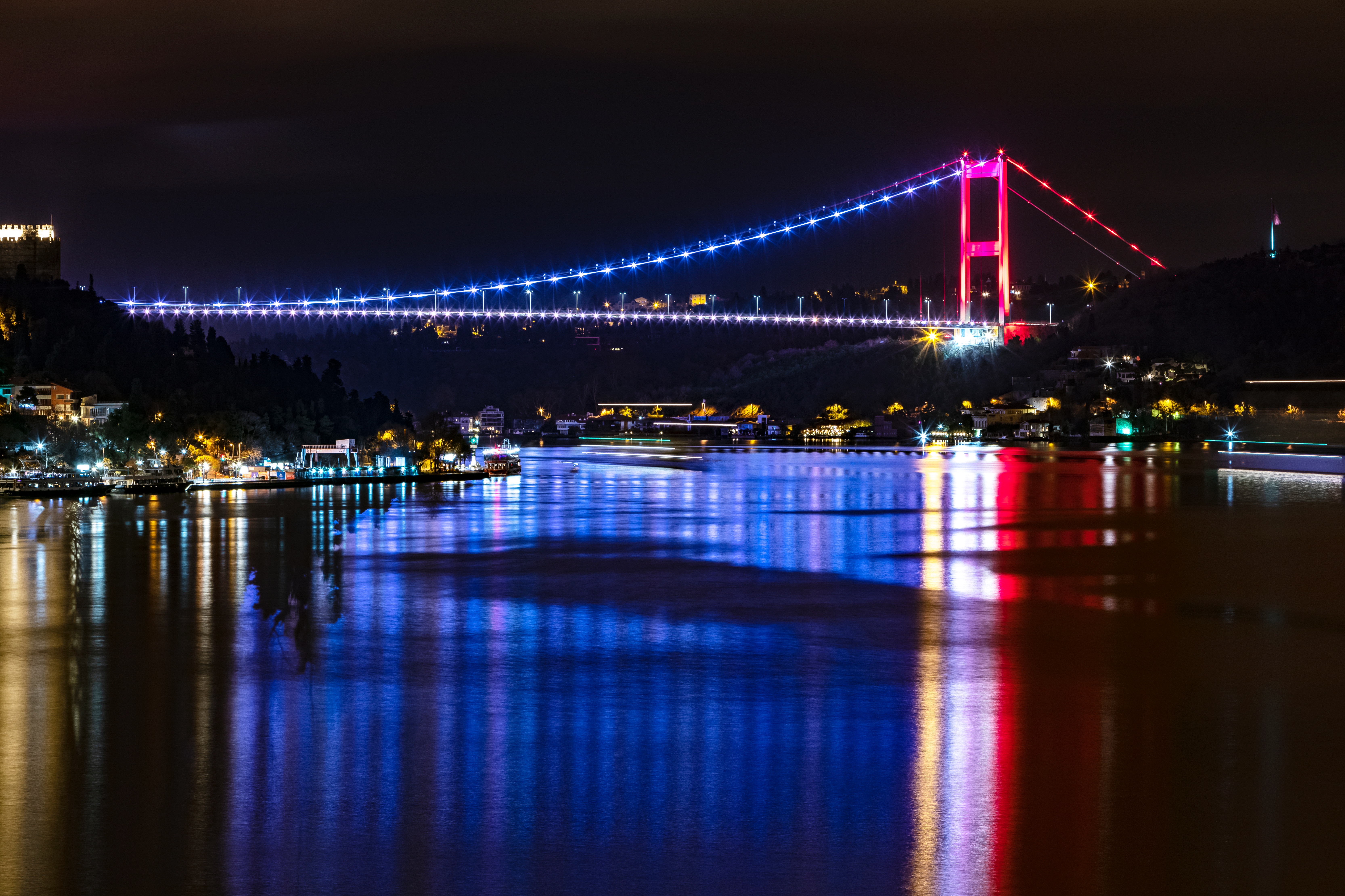 Handy-Wallpaper Städte, Reflexion, Istanbul, Hintergrundbeleuchtung, Beleuchtung, Flüsse, Brücke kostenlos herunterladen.