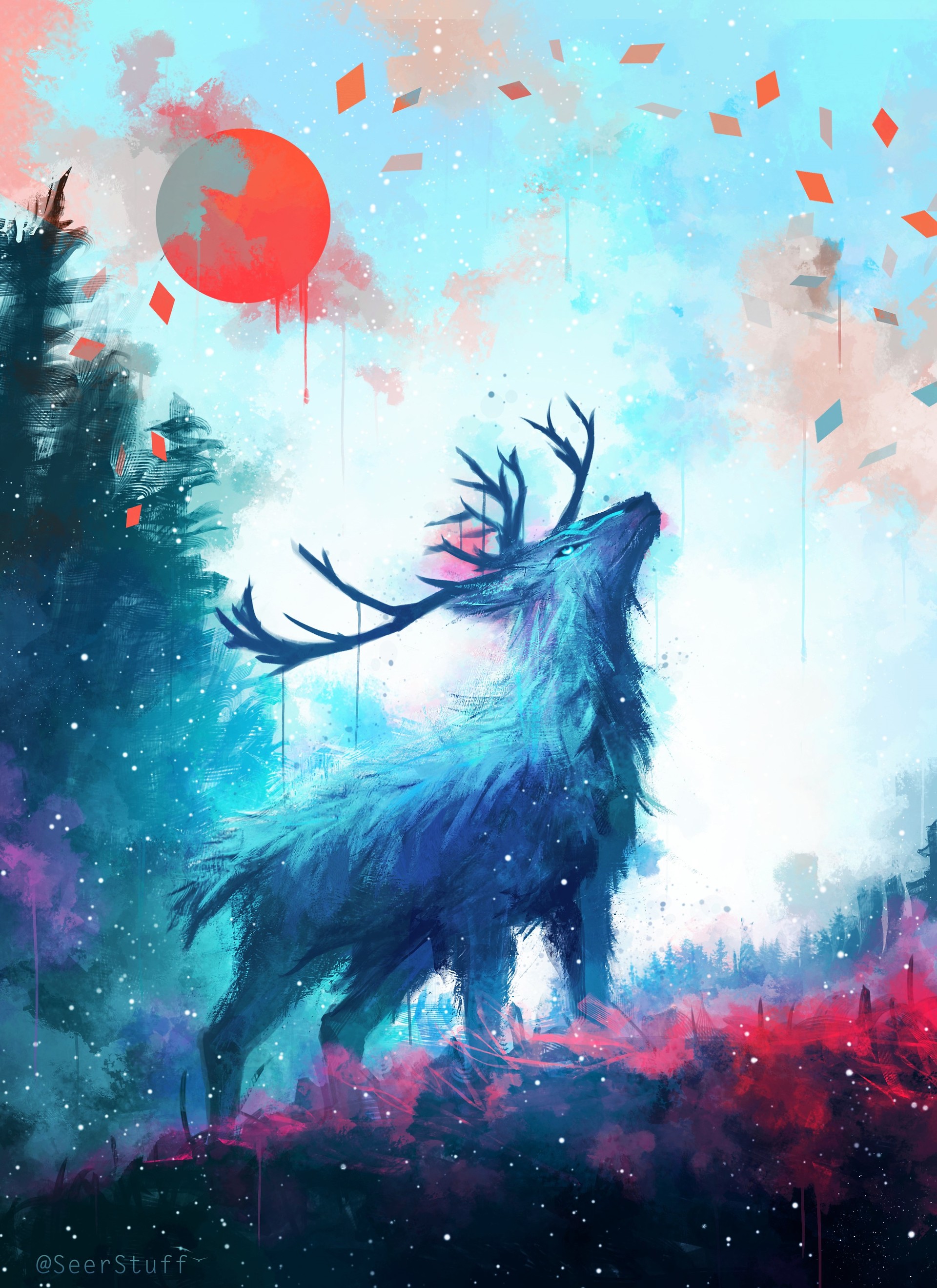 deer, art, flow, horns, sun, paint, drips Full HD