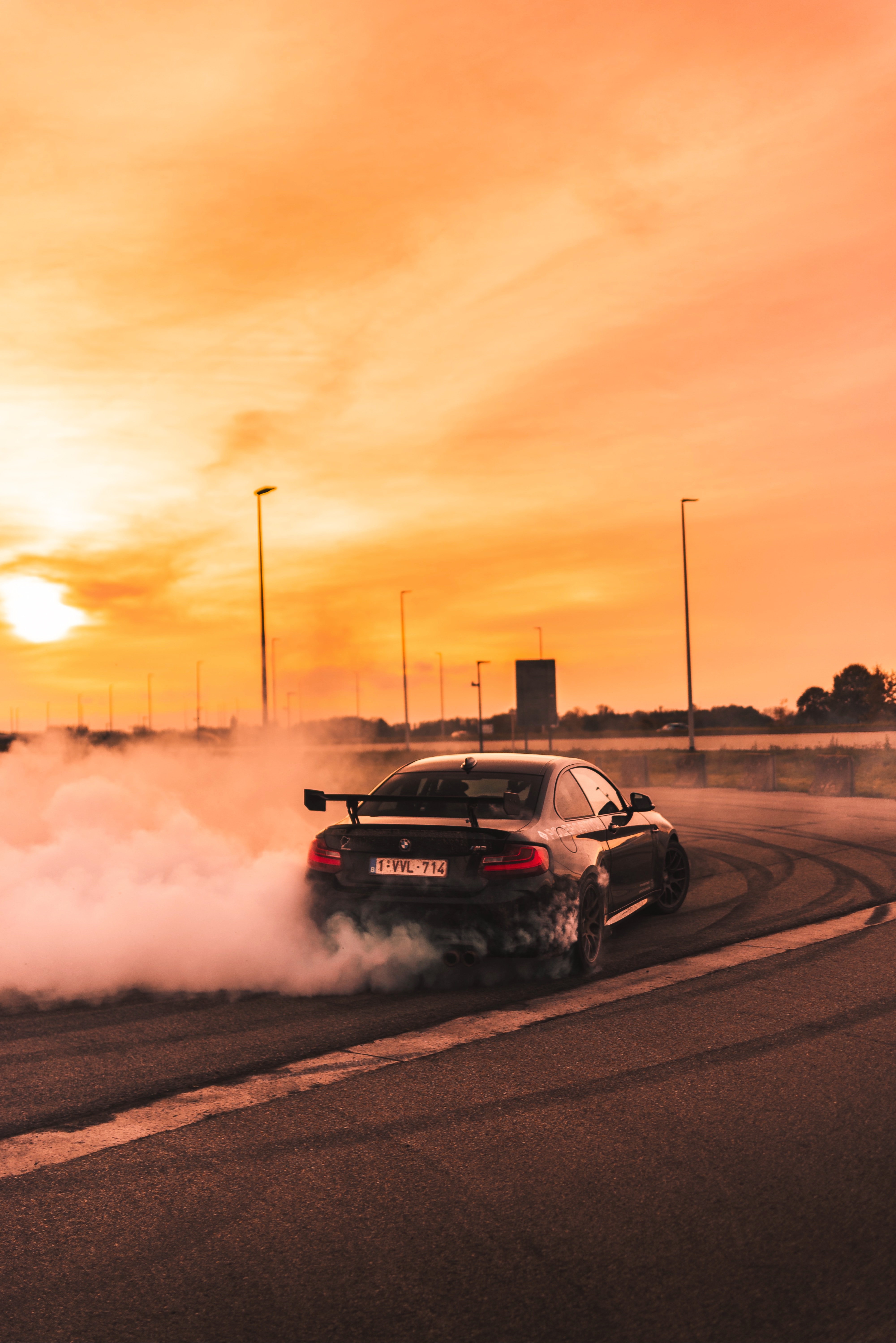 bmw, drift, cars, sunset, smoke, speed 32K