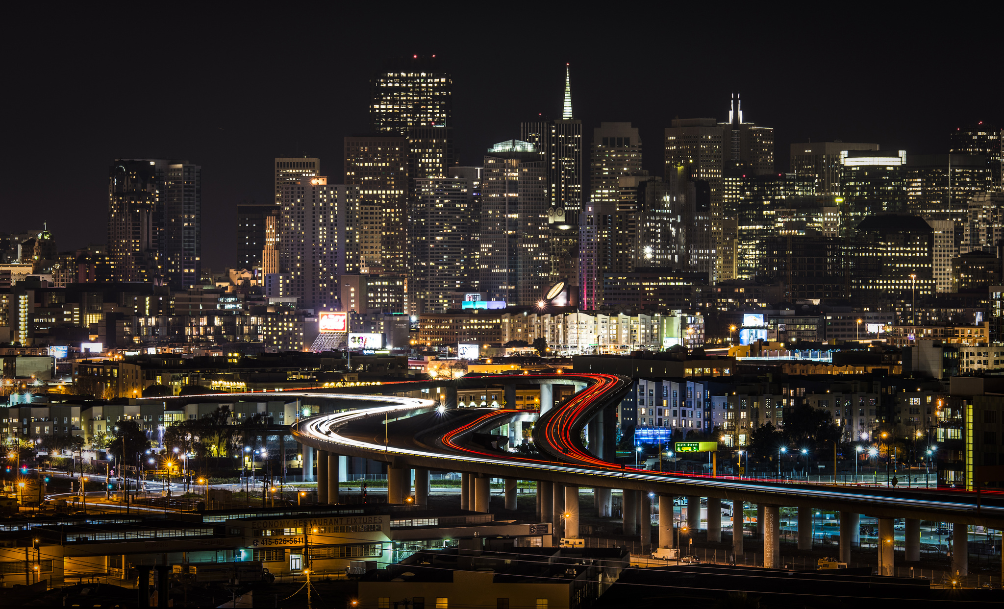 Download mobile wallpaper Cities, Night, Usa, City, Skyscraper, Building, Light, San Francisco, Highway, Man Made, Time Lapse for free.