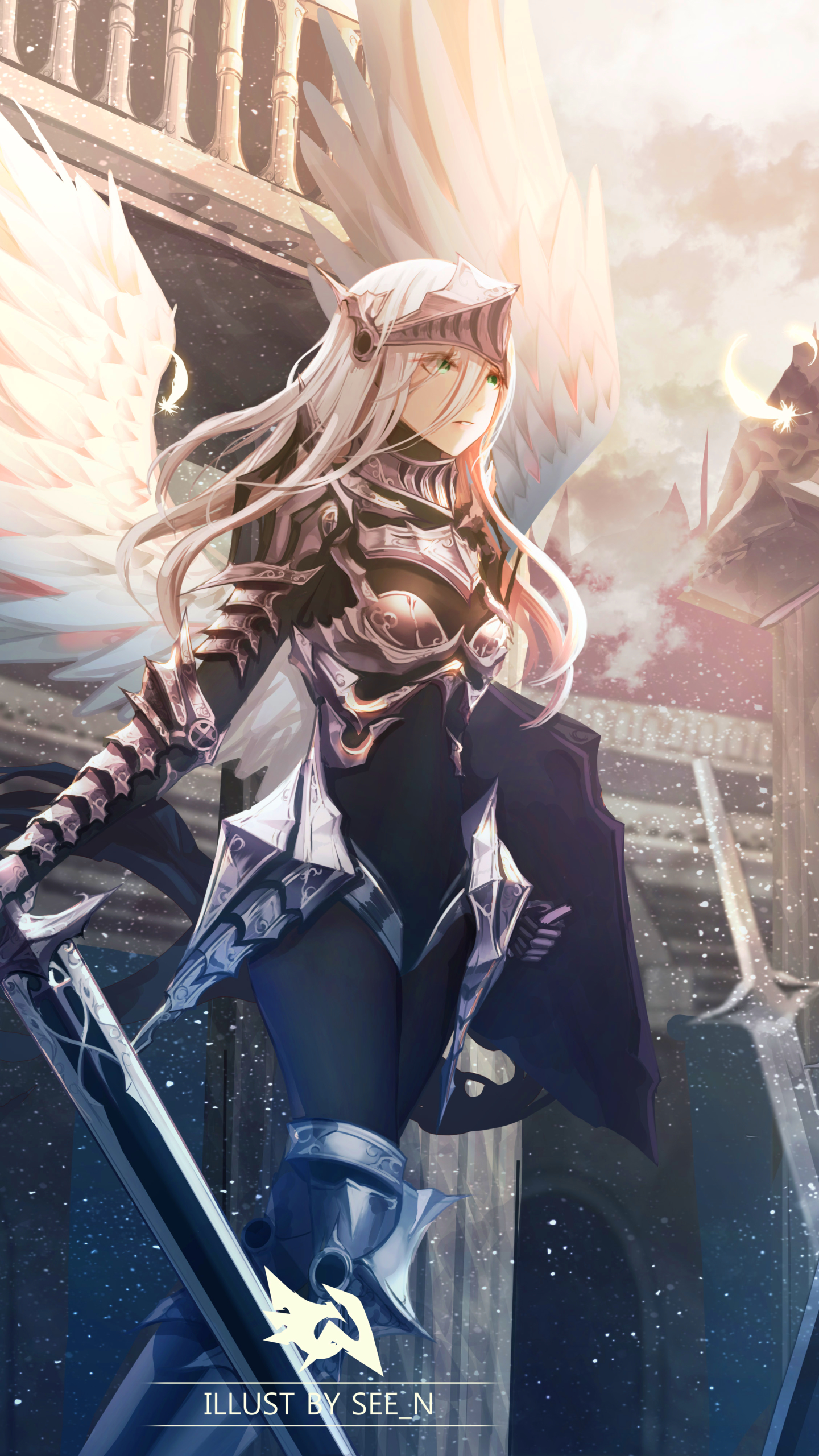 anime girl with angel wings and sword