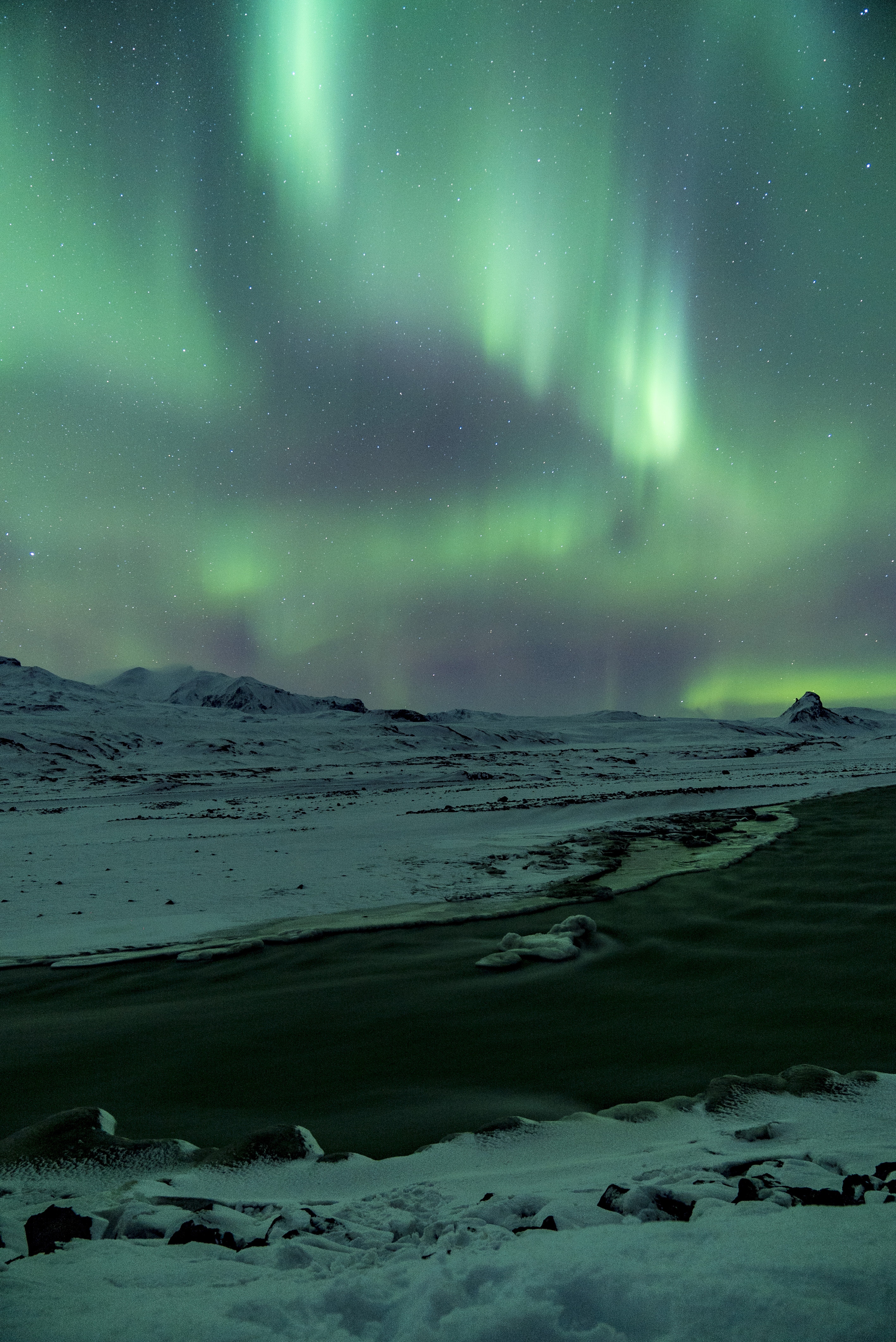 northern lights, ice, aurora borealis, winter, nature, rivers, snow, aurora 5K