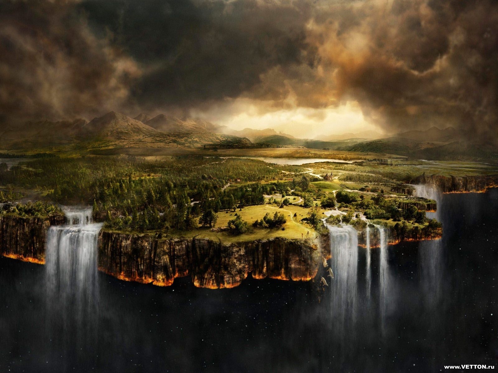 Free download wallpaper Sky, Landscape, Waterfalls, Fantasy on your PC desktop