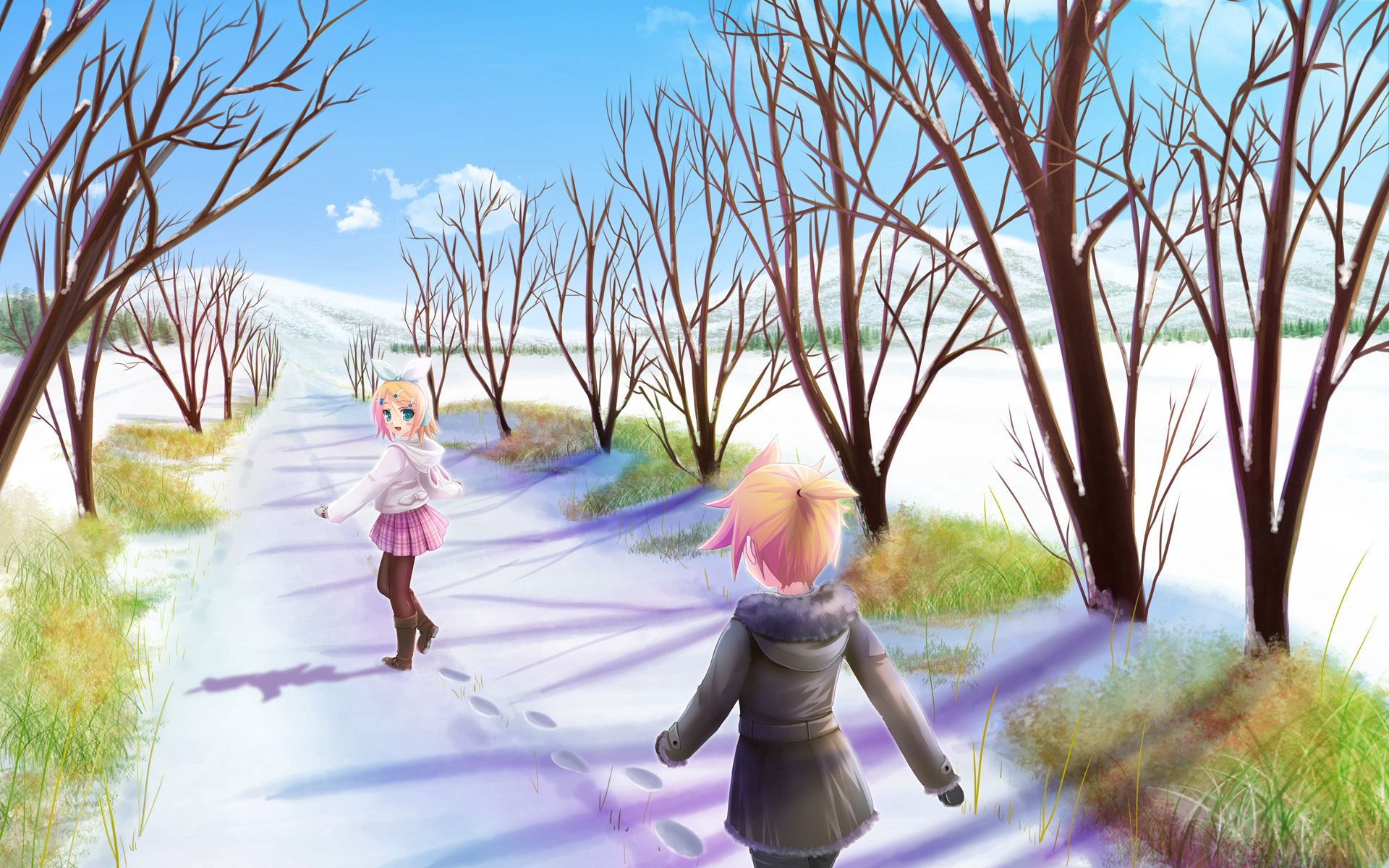 Download mobile wallpaper Stroll, Solce, Snow, Girls, Anime for free.