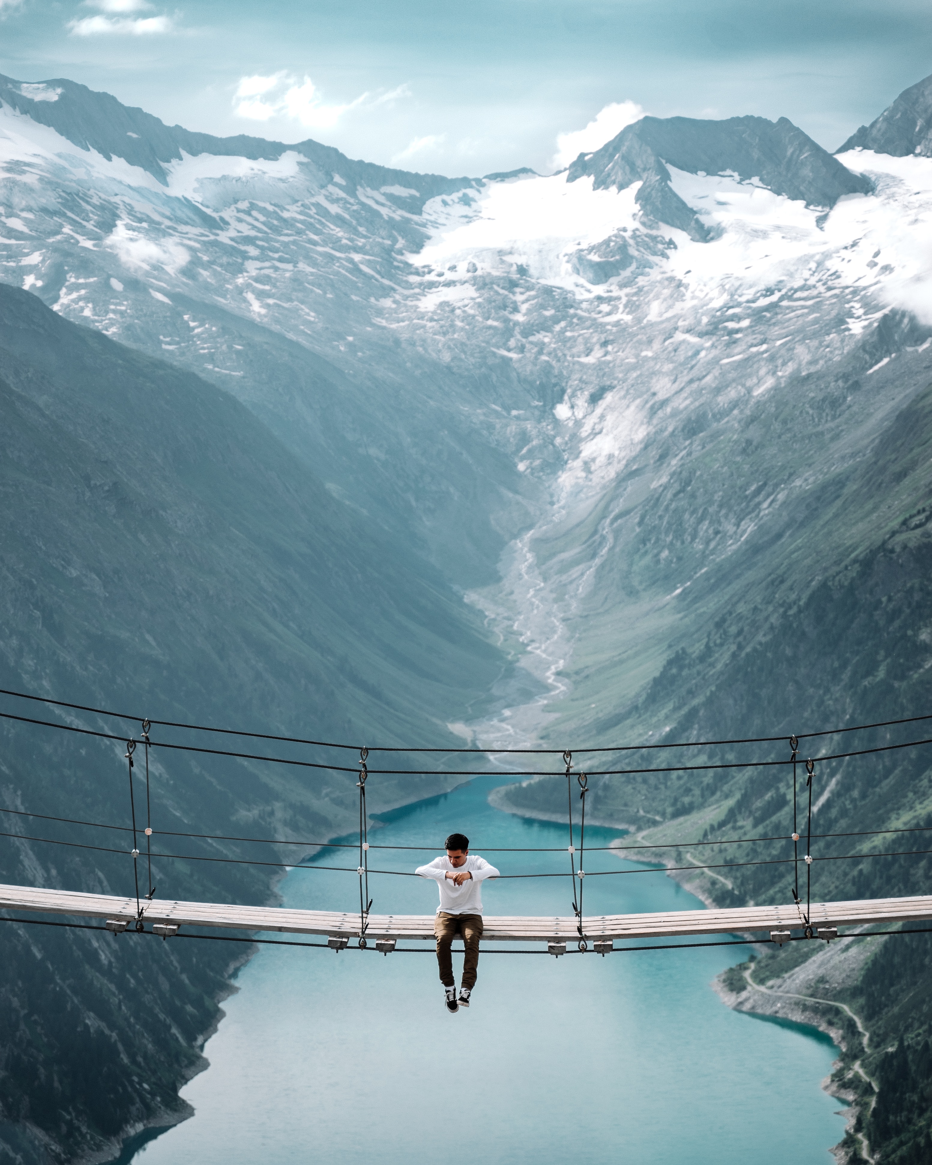 Free download wallpaper Miscellanea, Height, Bridge, Person, Mountains, Human, Miscellaneous, Loneliness on your PC desktop