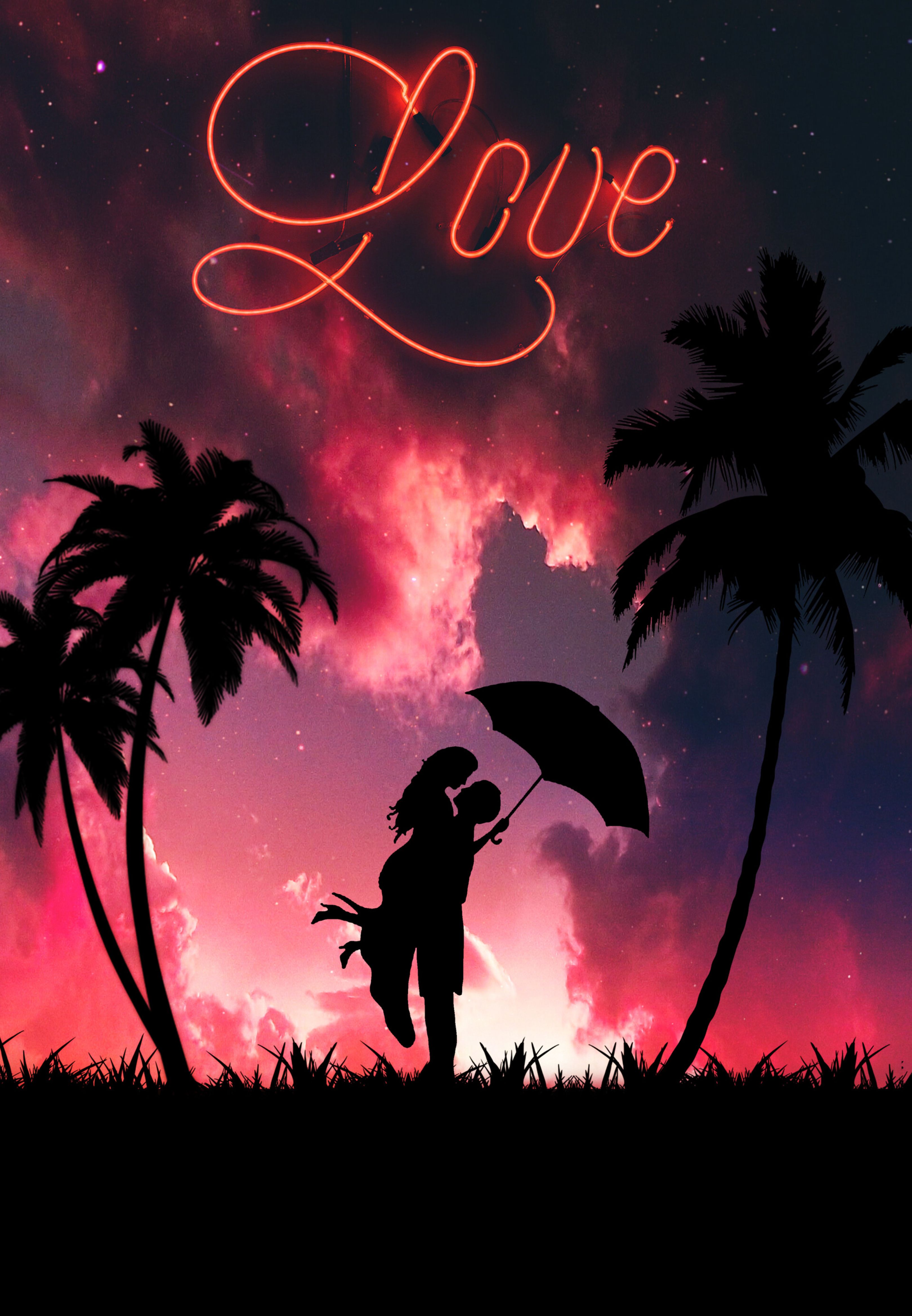 love, romance, couple, palms, pair, dark, embrace, silhouettes HD wallpaper