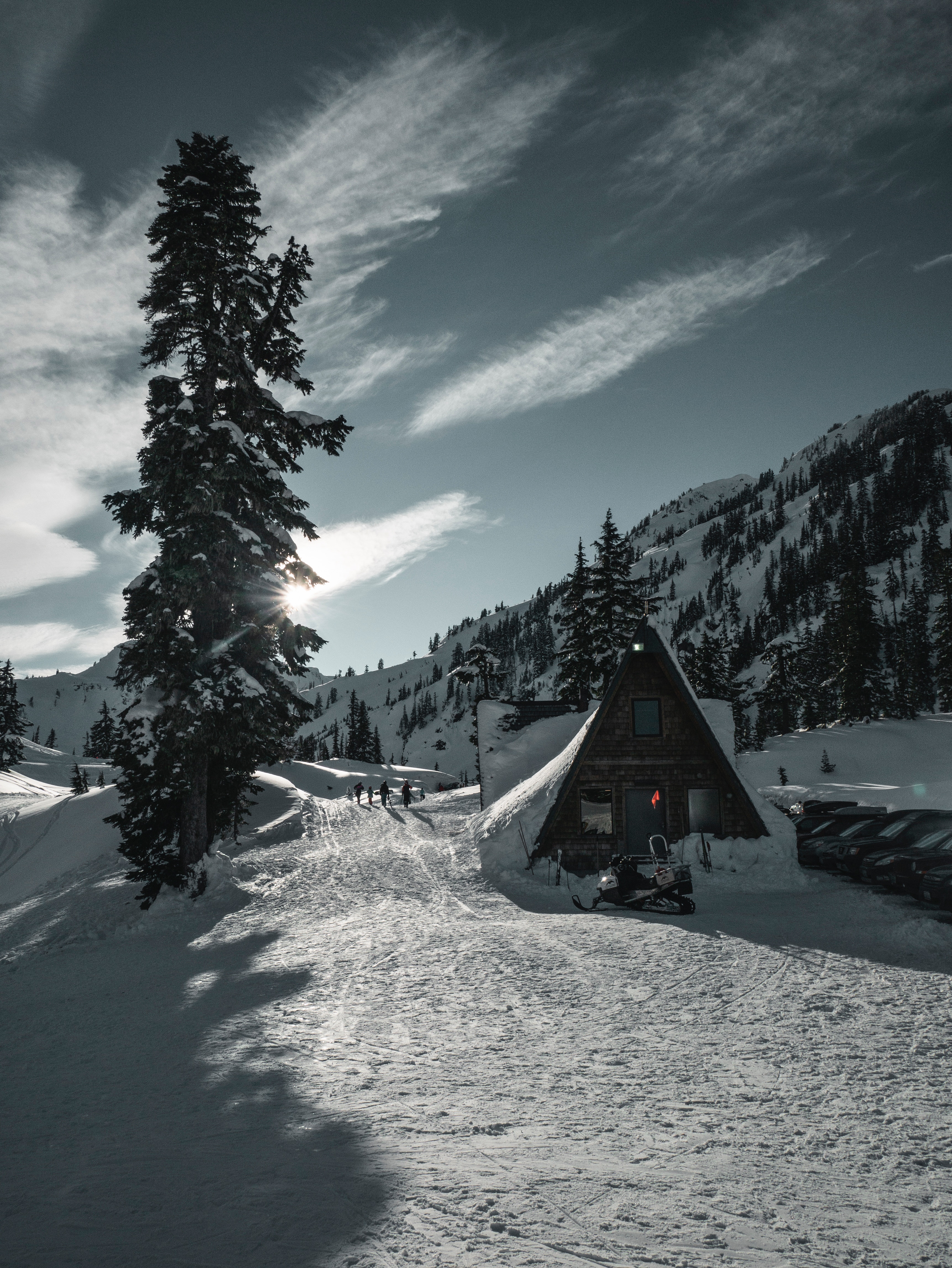 snow covered, winter, nature, snow, mountain, small house, lodge, snowbound, resort
