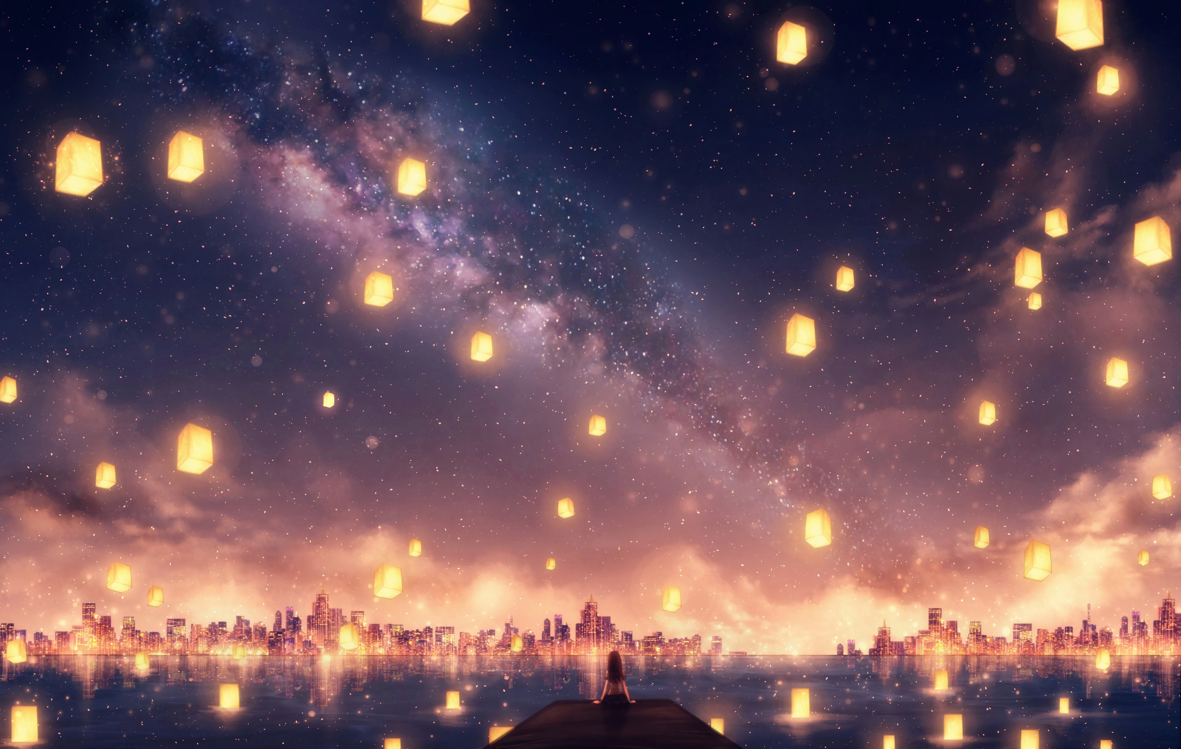 Baixar papel de parede para celular de Anime, Céu, Estrelas, Cidade, Lanterna gratuito.