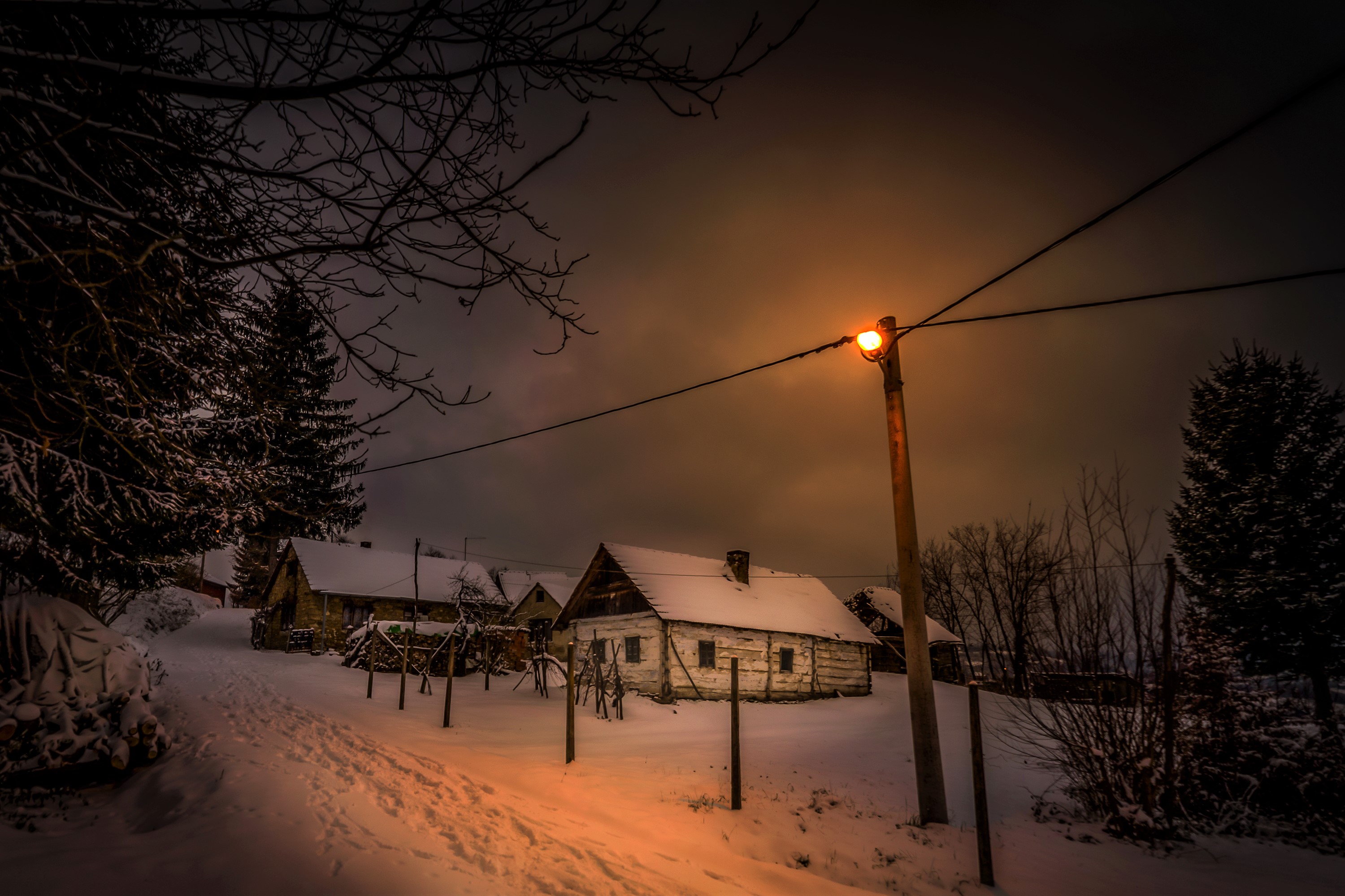 street light, photography, winter, house, night, snow