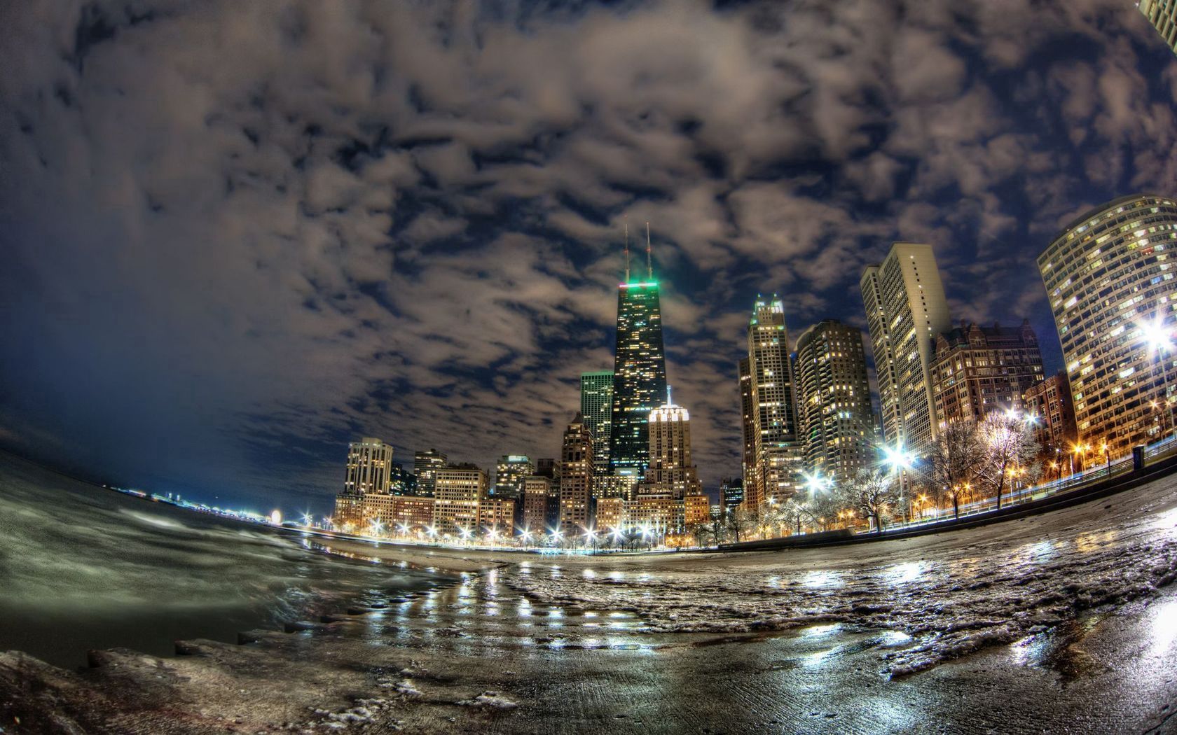 chicago, building, night city, cities, lights, coast, ocean, skyscrapers, fish eye