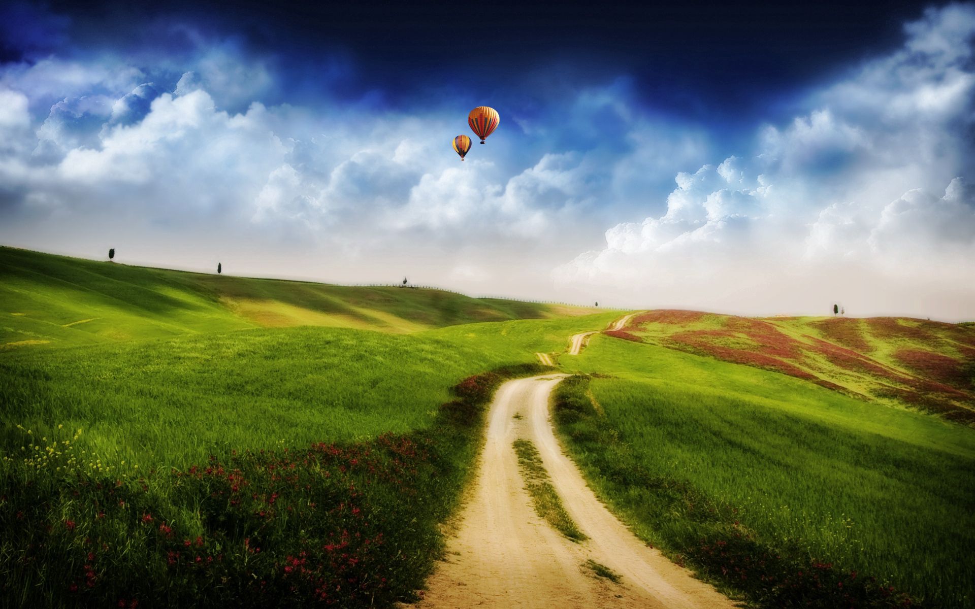 110685 Hintergrundbild herunterladen landschaft, natur, luftballons, straße, grüne, grünen, land, pfad, flug, höhe, weg, wiesen, ballons - Bildschirmschoner und Bilder kostenlos