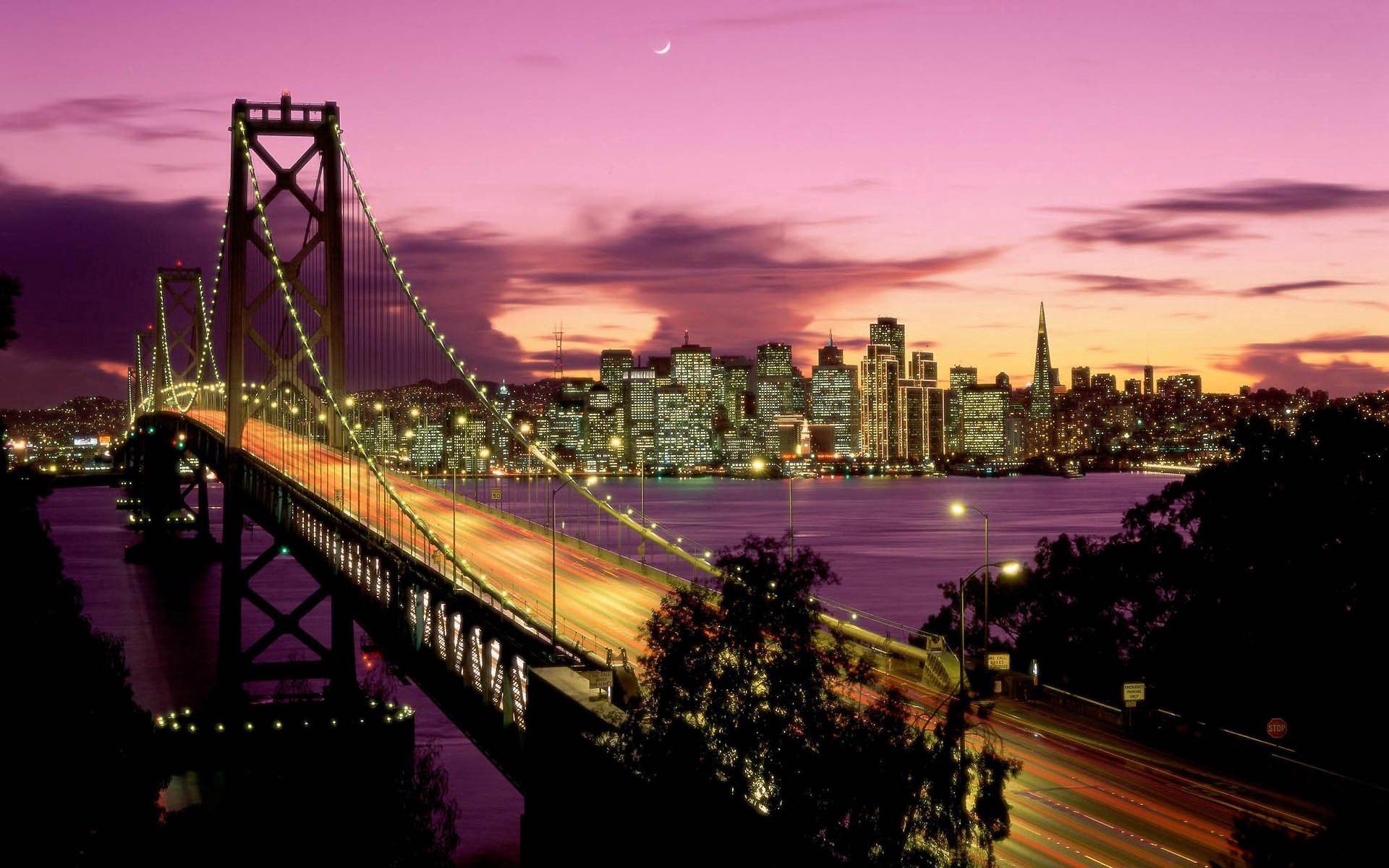 Laden Sie das San Francisco, Bucht Brücke, Bay Bridge, Städte, Übernachtung-Bild kostenlos auf Ihren PC-Desktop herunter