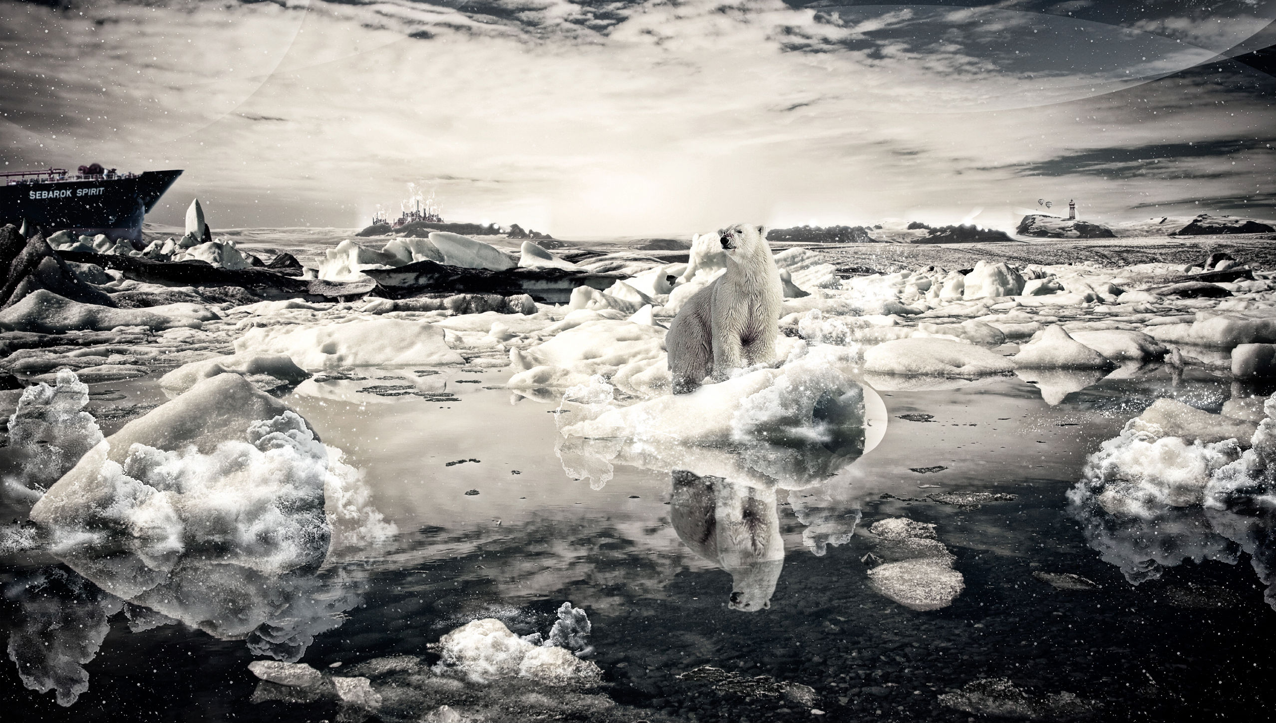 artistic, surreal, iceberg, polar bear, ship Full HD