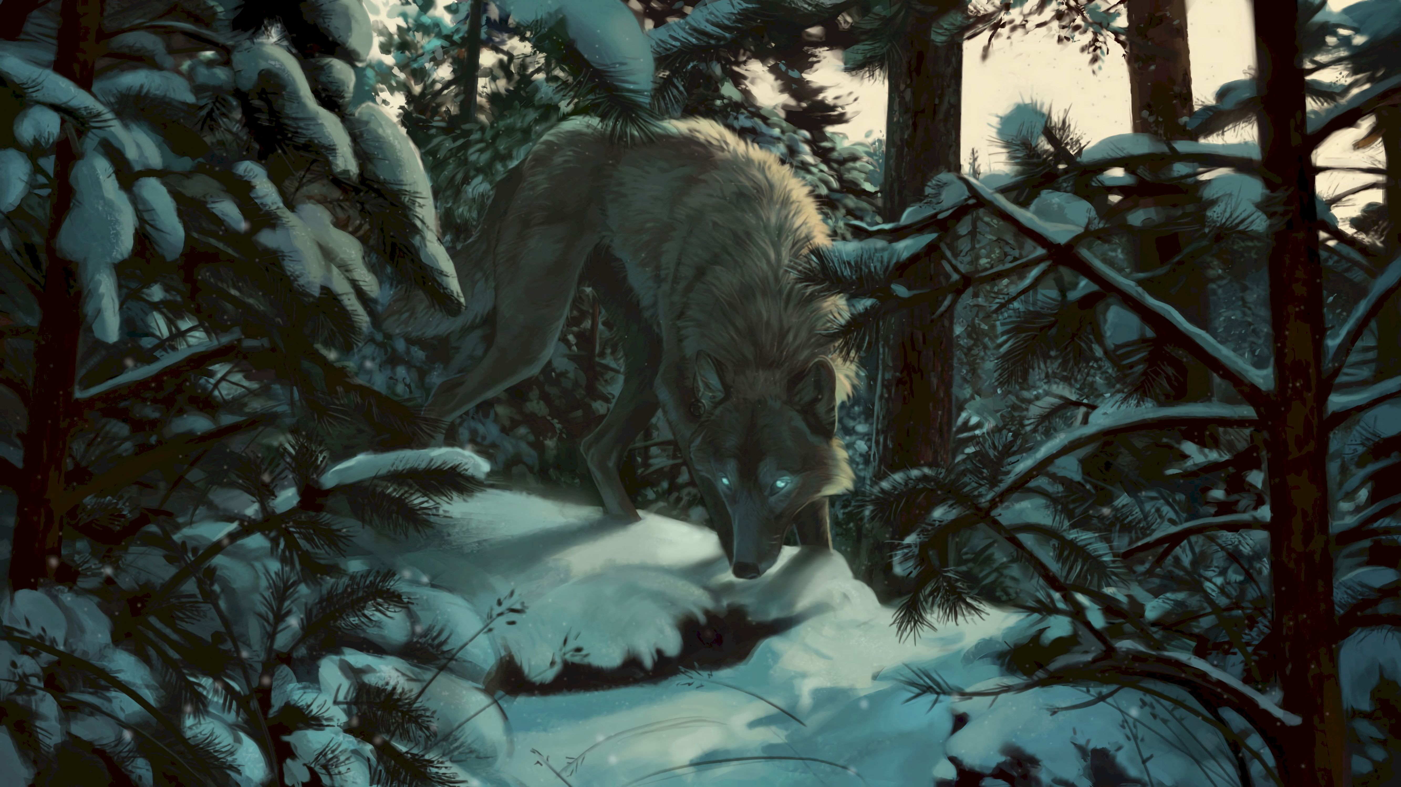 Download mobile wallpaper Trees, Predator, Forest, Snow, Wolf, Art for free.