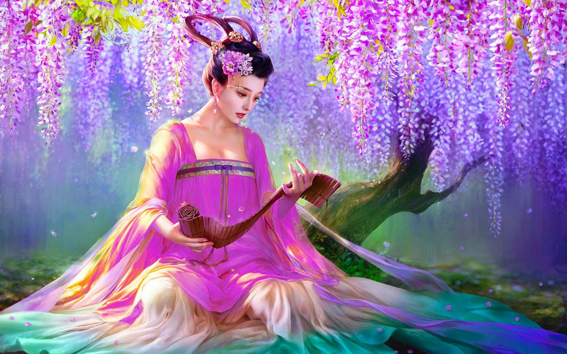 Full HD Wallpaper fantasy, women, asian, kimono, oriental, purple flower, wisteria