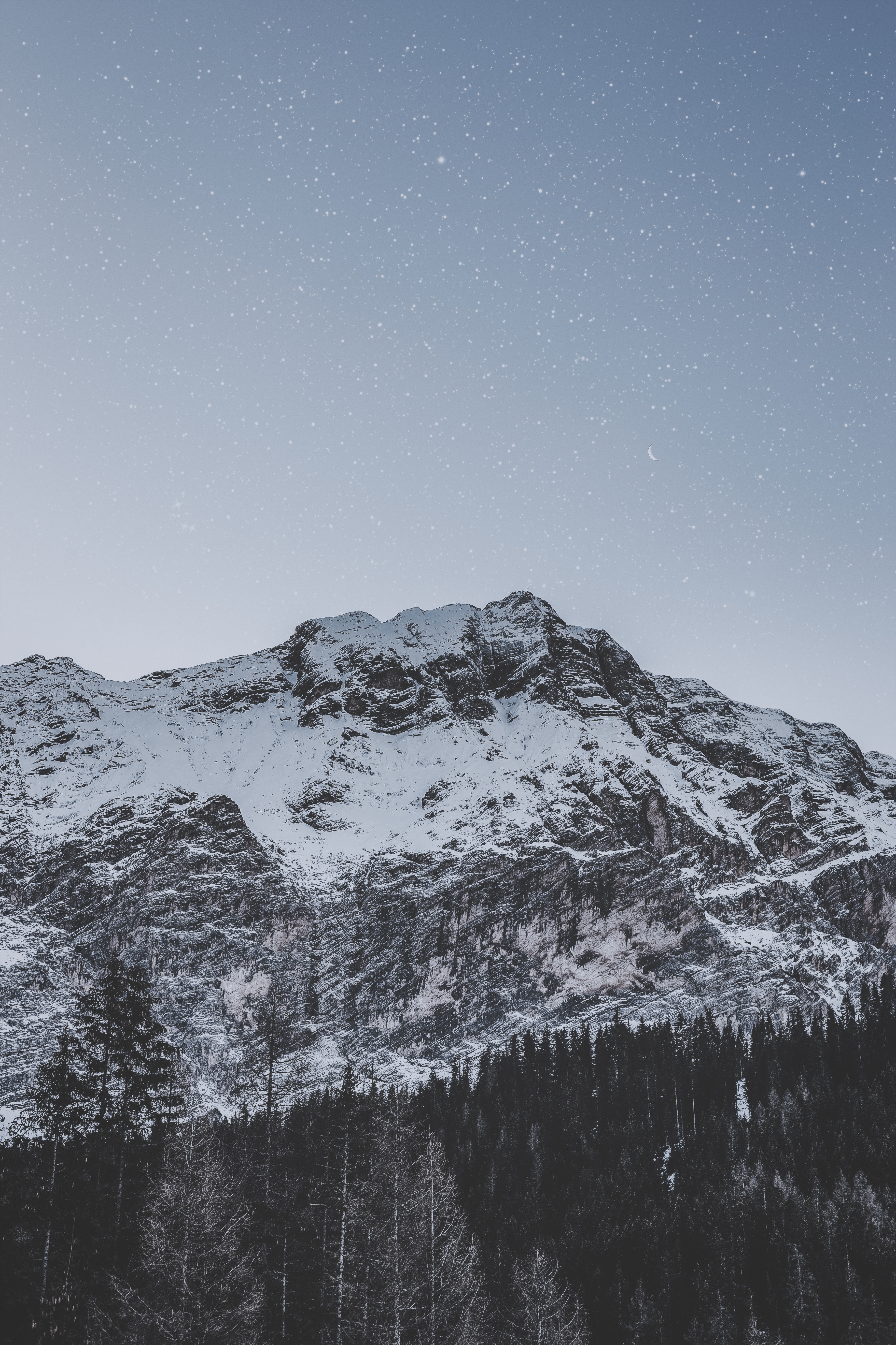 Download mobile wallpaper Top, Snowbound, Sky, Vertex, Mountain, Stars, Snow Covered, Snowfall, Nature for free.