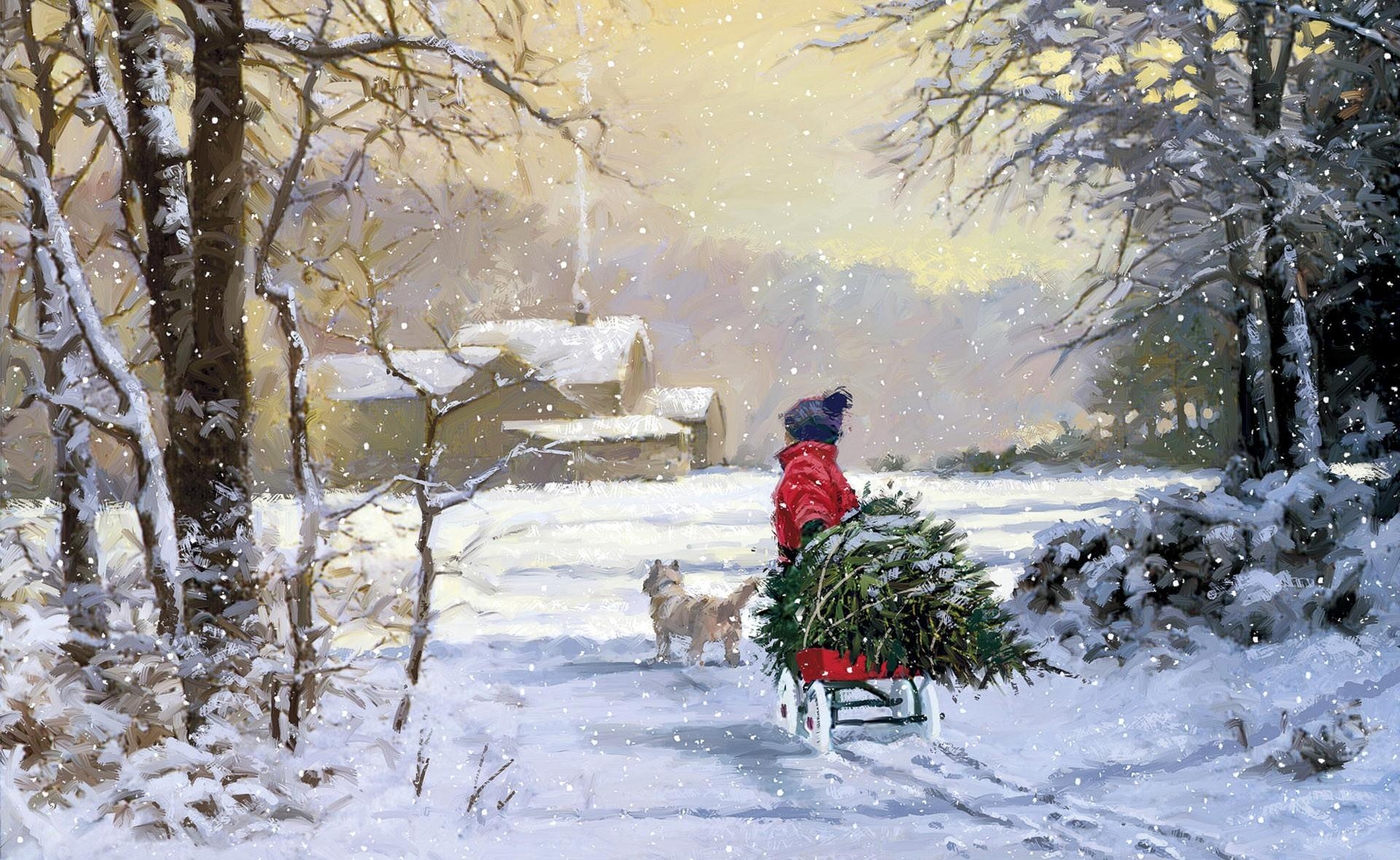 house, christmas tree, holidays, winter, smoke, picture, human, person, sleigh, sledge Free Stock Photo