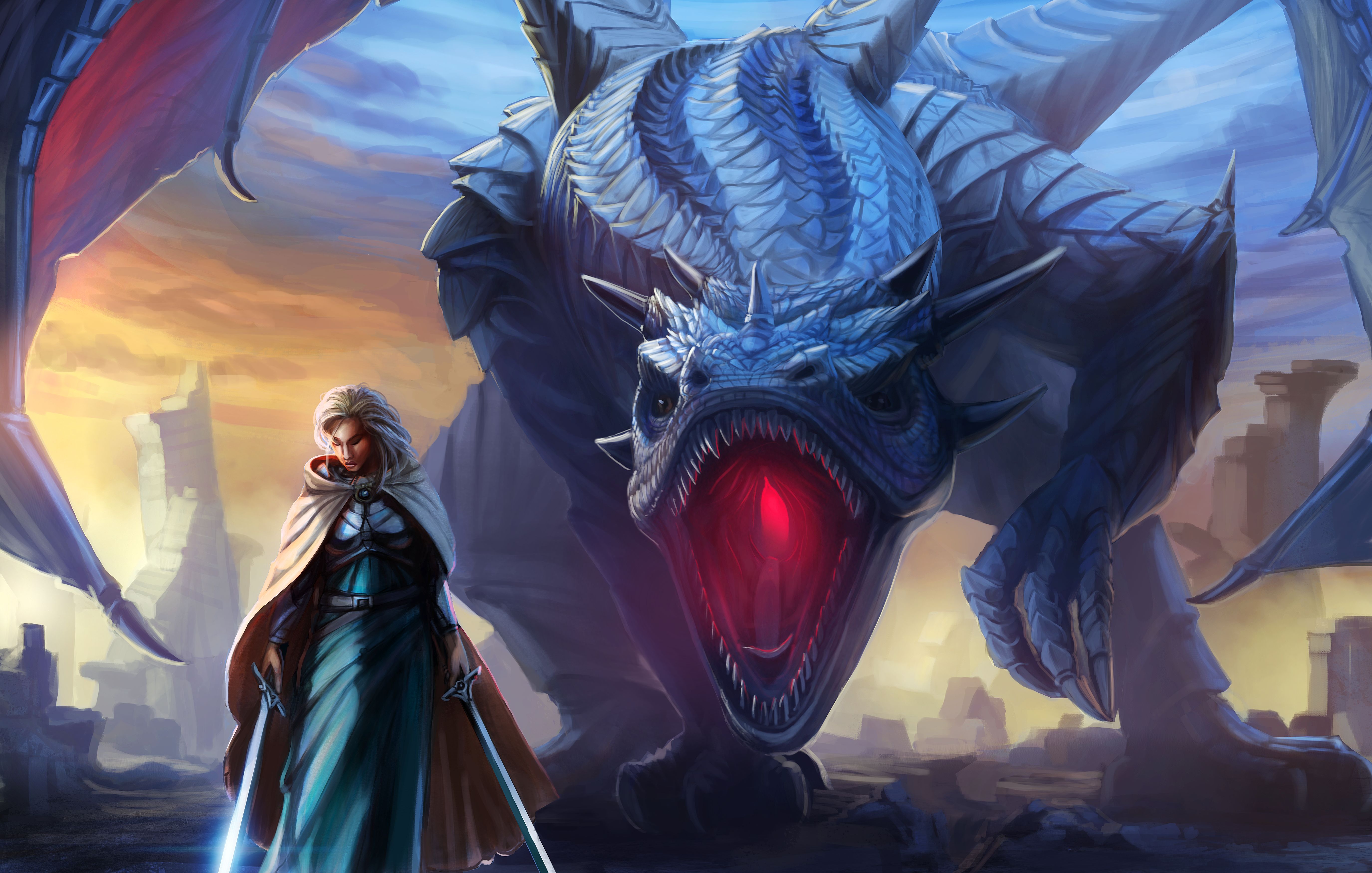 fantasy, dragon, woman warrior 1080p