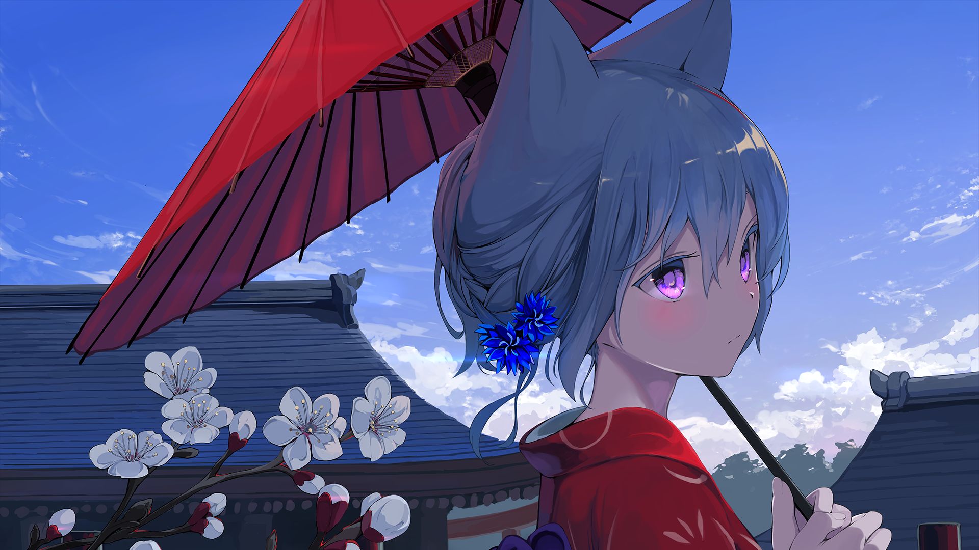 Wallpaper Full HD animal ears, anime, original, blue hair, flower, purple eyes, umbrella