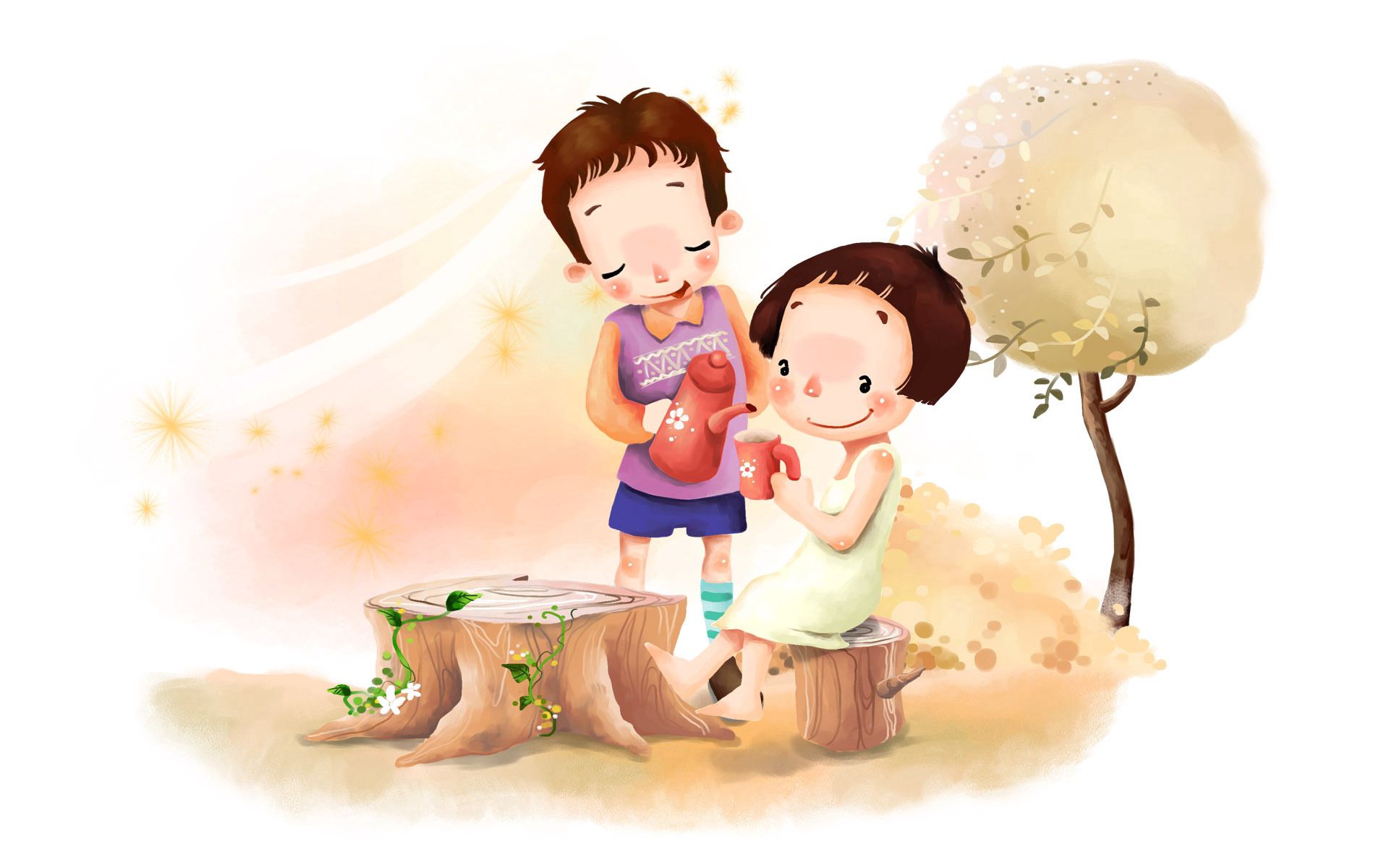 positive, polyana, girl, boy, flowers, miscellanea, miscellaneous, wood, tree, drawing, picture, foliage, glade, wind, tea party, tea drinking, childhood