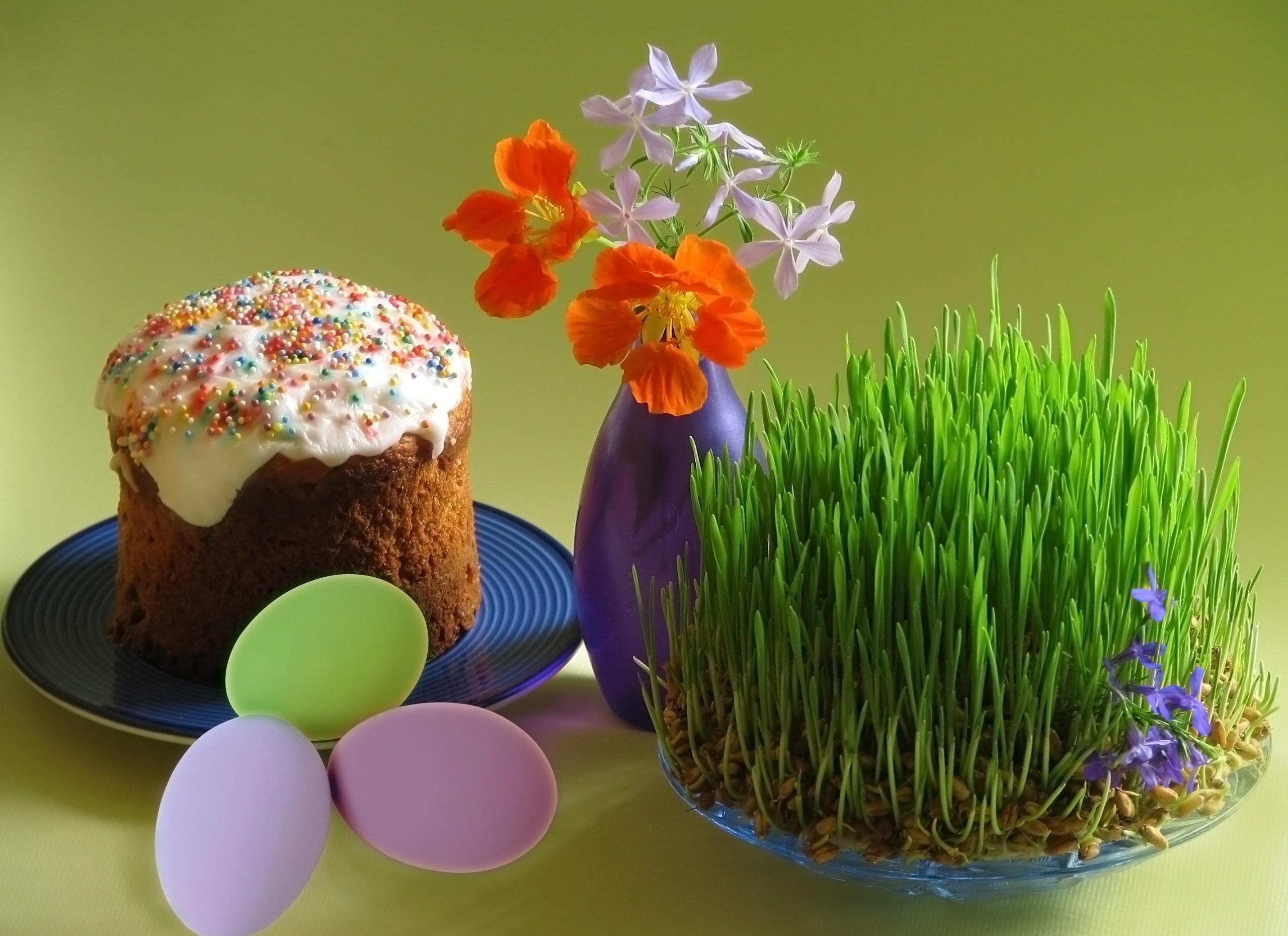 flowers, holidays, eggs, easter, holiday, cake, plate, vase, sprouts, kulich