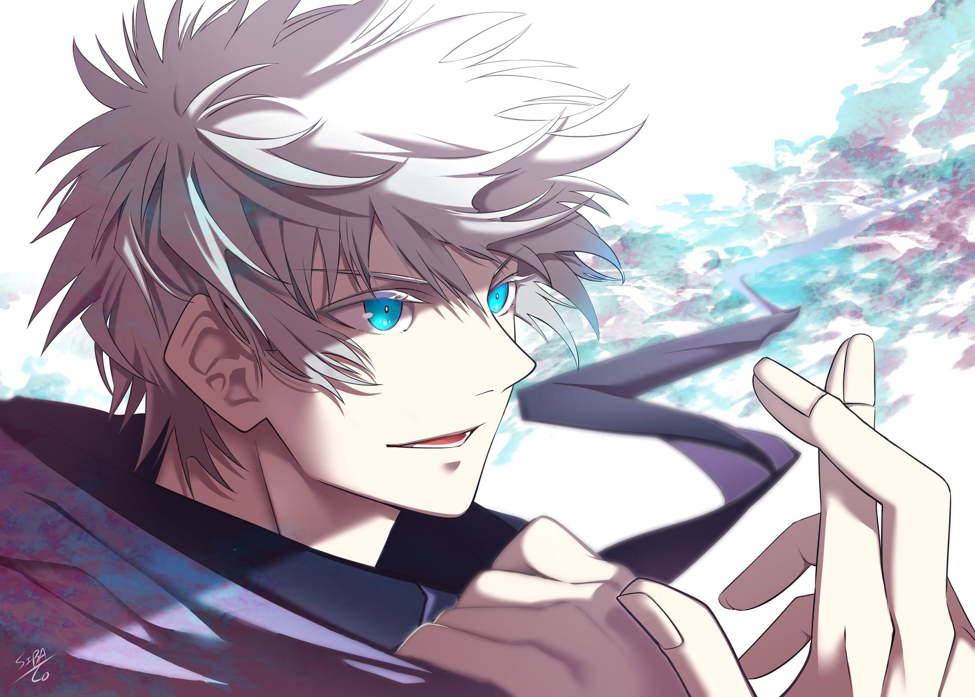 Anime character with white hair and blue eyes