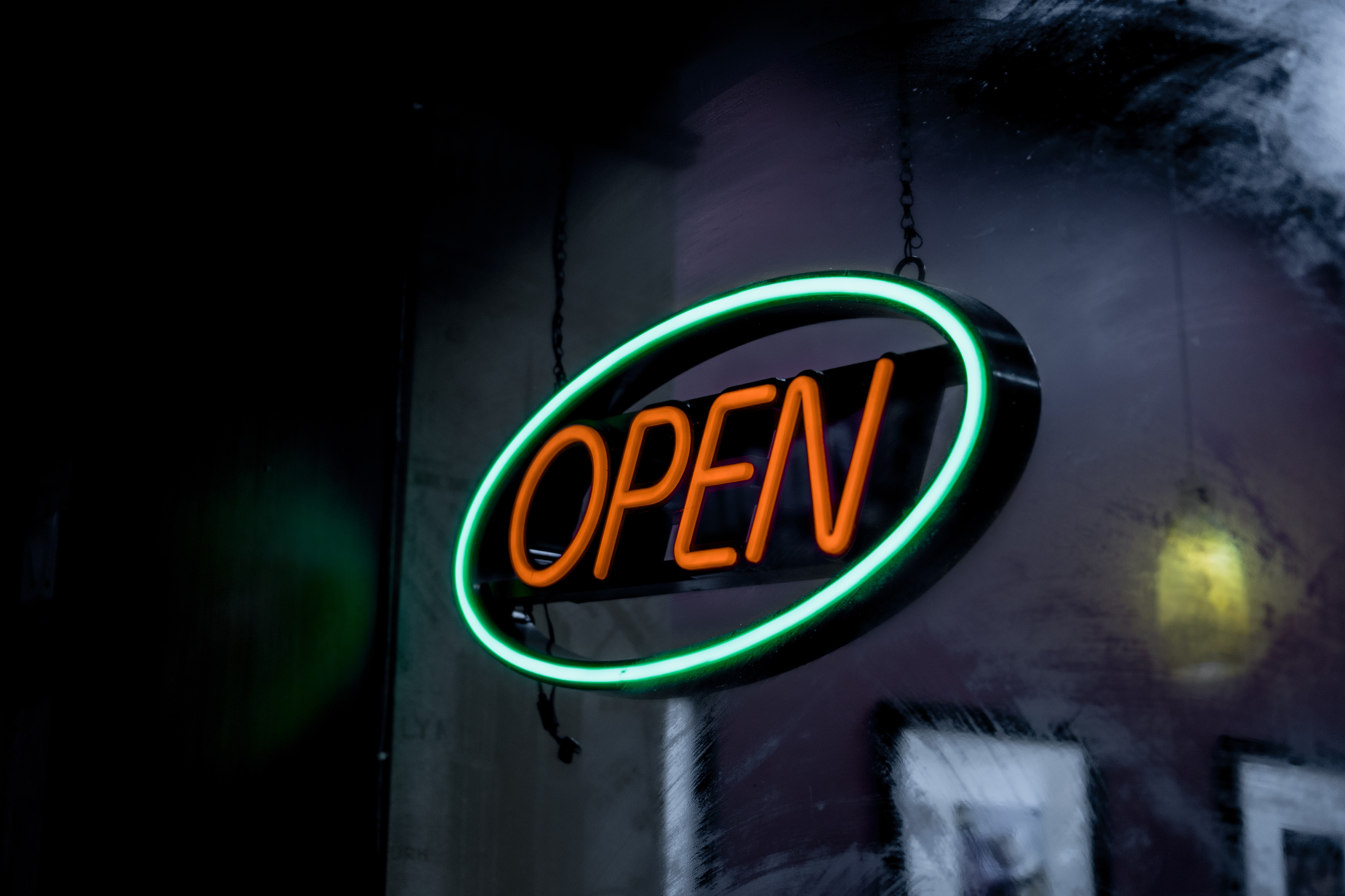 open, words, neon, glow, inscription, text, sign, signboard