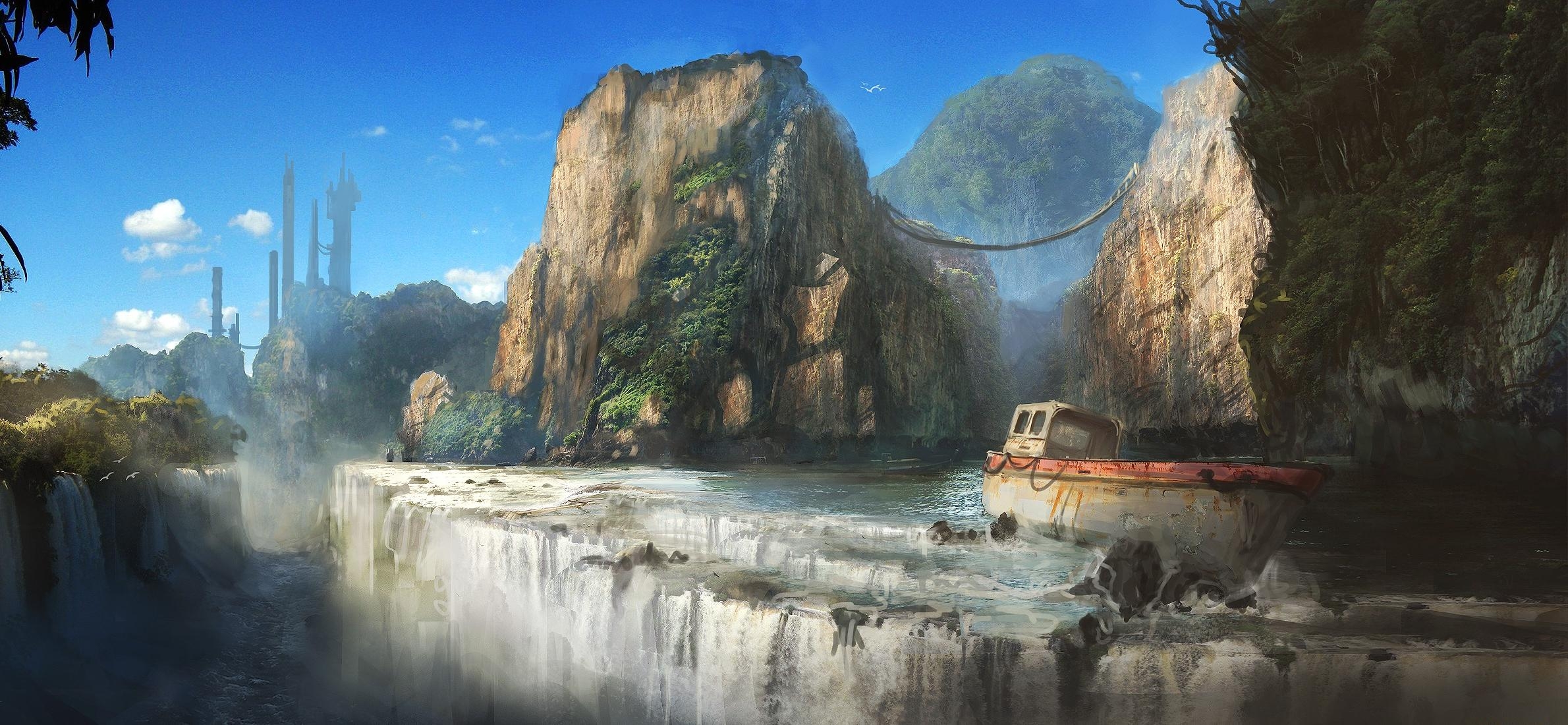 fantasy, ship, rocks, waterfall, break, precipice, skyscrapers Panoramic Wallpaper