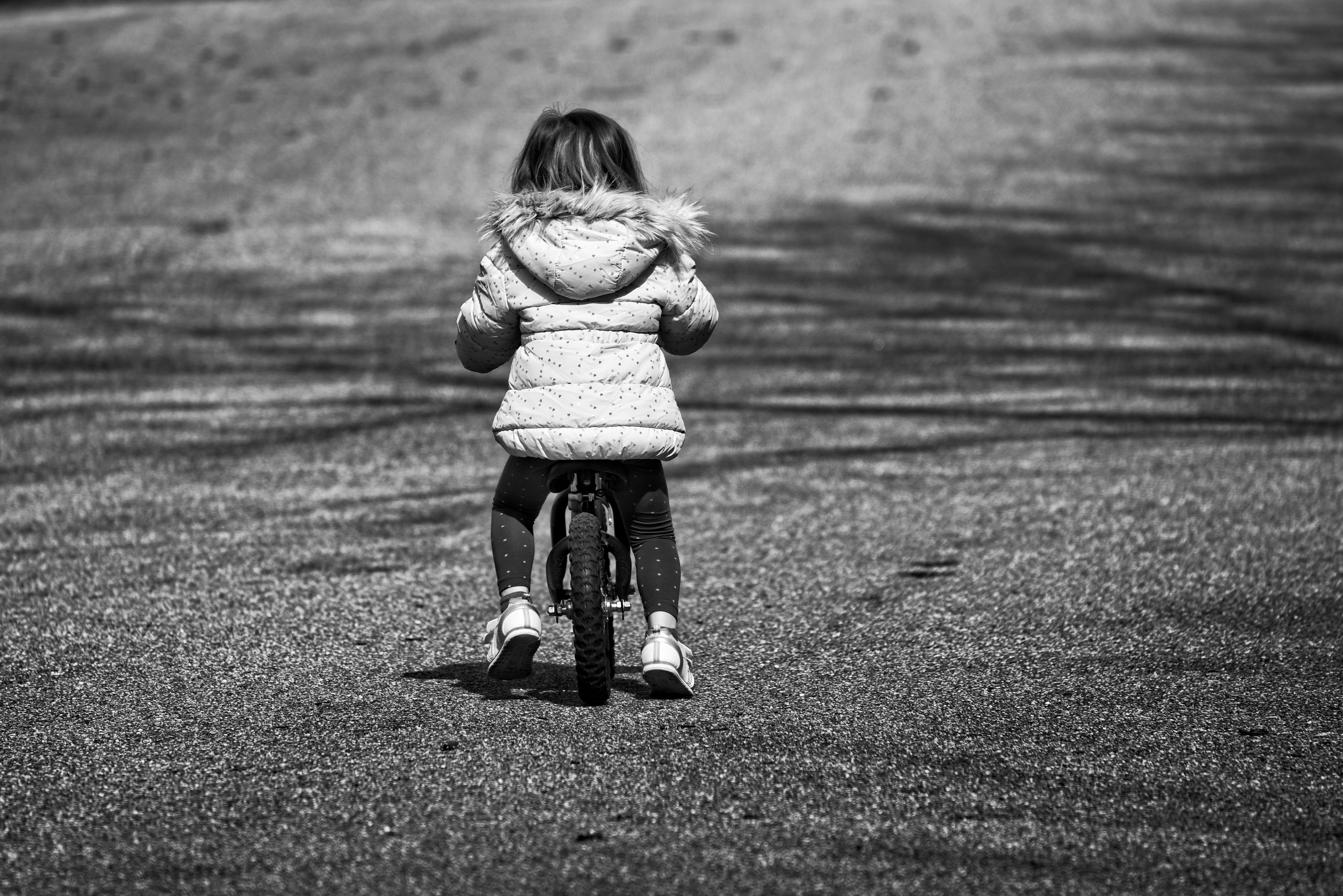 Download mobile wallpaper Miscellaneous, Childhood, Miscellanea, Chb, Bw, Child, Bicycle for free.