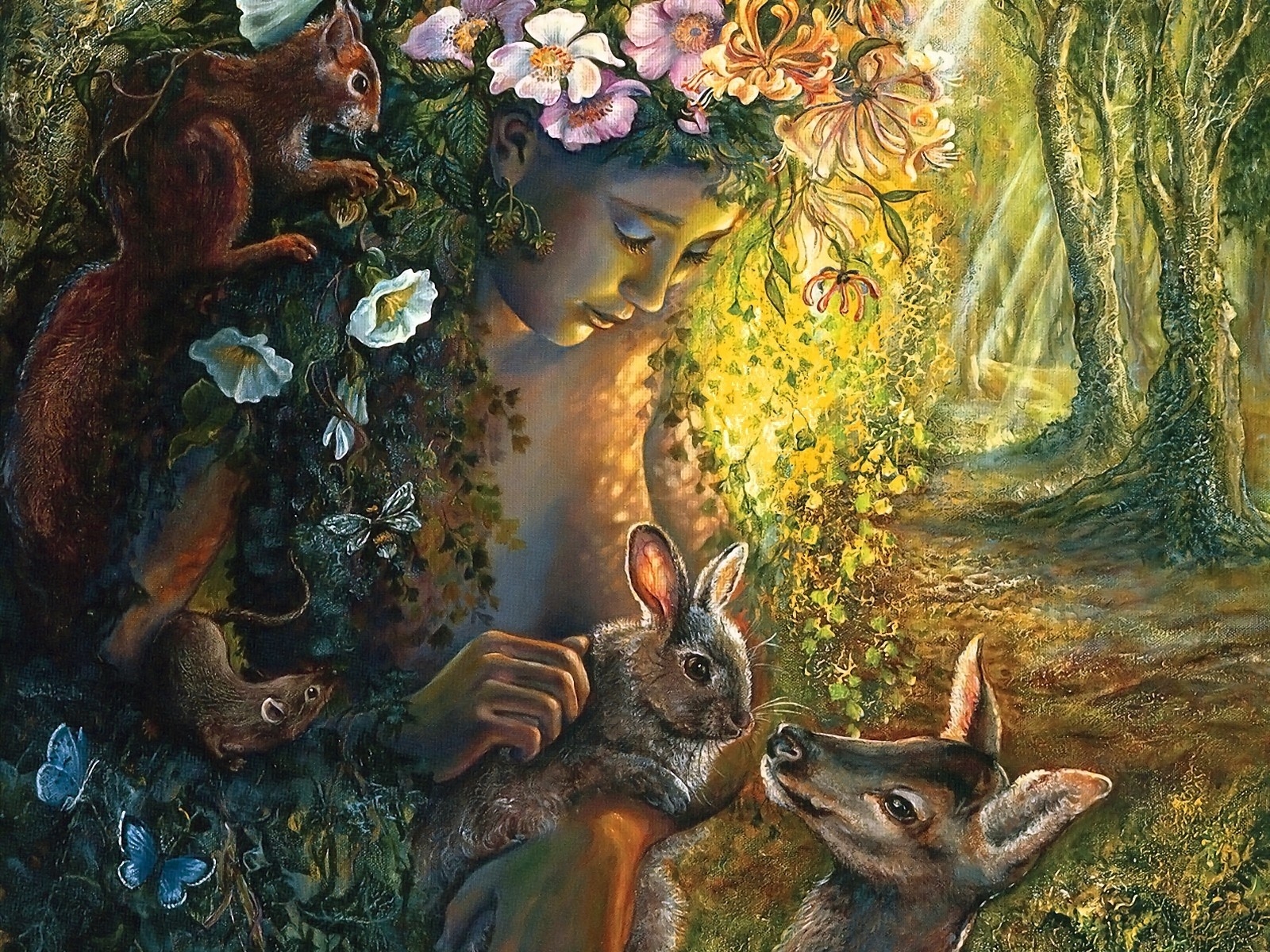 Download PC Wallpaper fantasy, women, deer, rabbit, squirrel