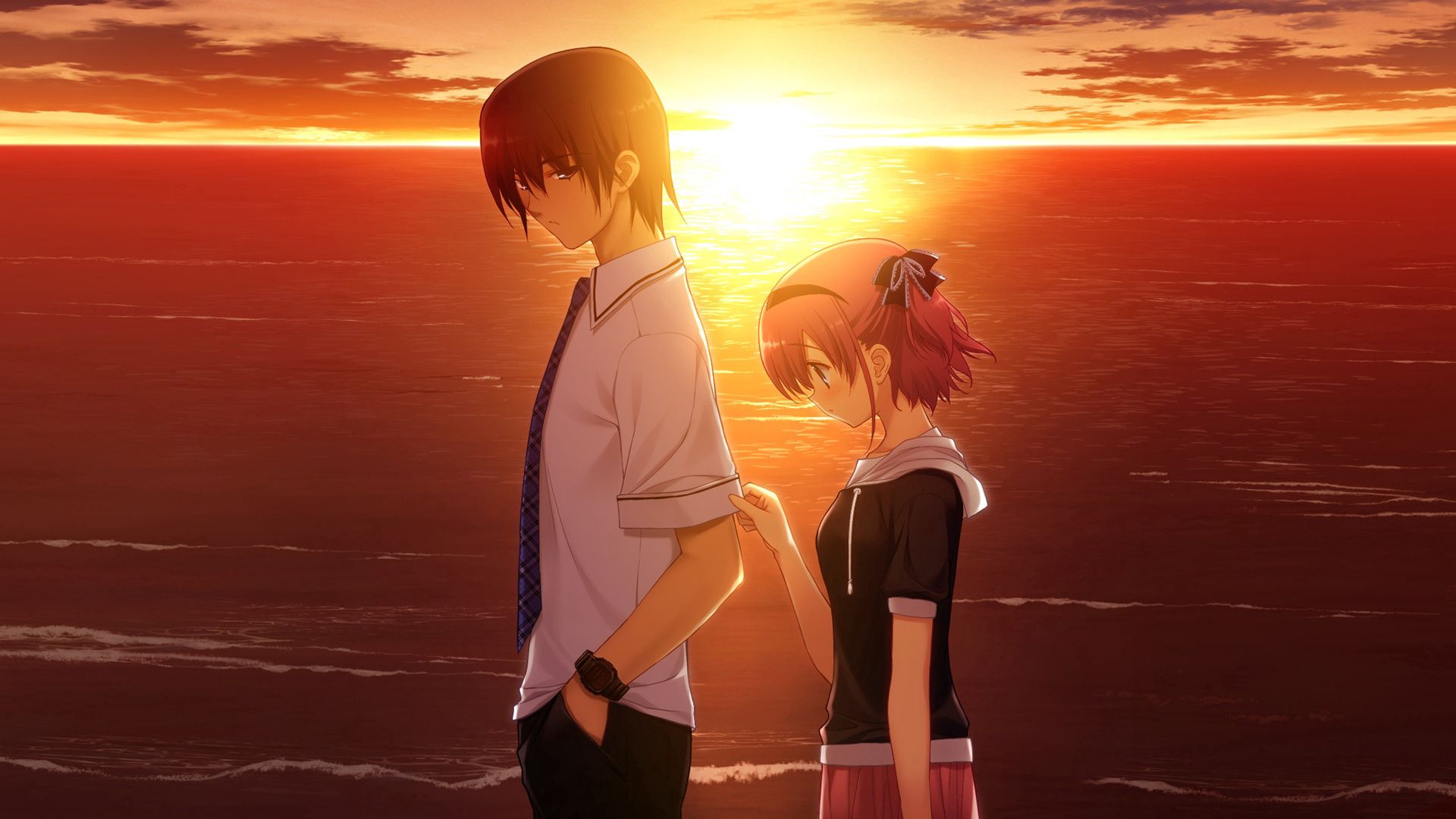 anime, girl, sadness, guy, sorrow, sunset