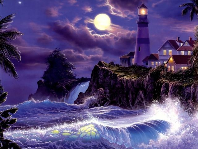 Download mobile wallpaper Night, Moon, Lighthouse, Painting, Storm, Artistic, Wave for free.