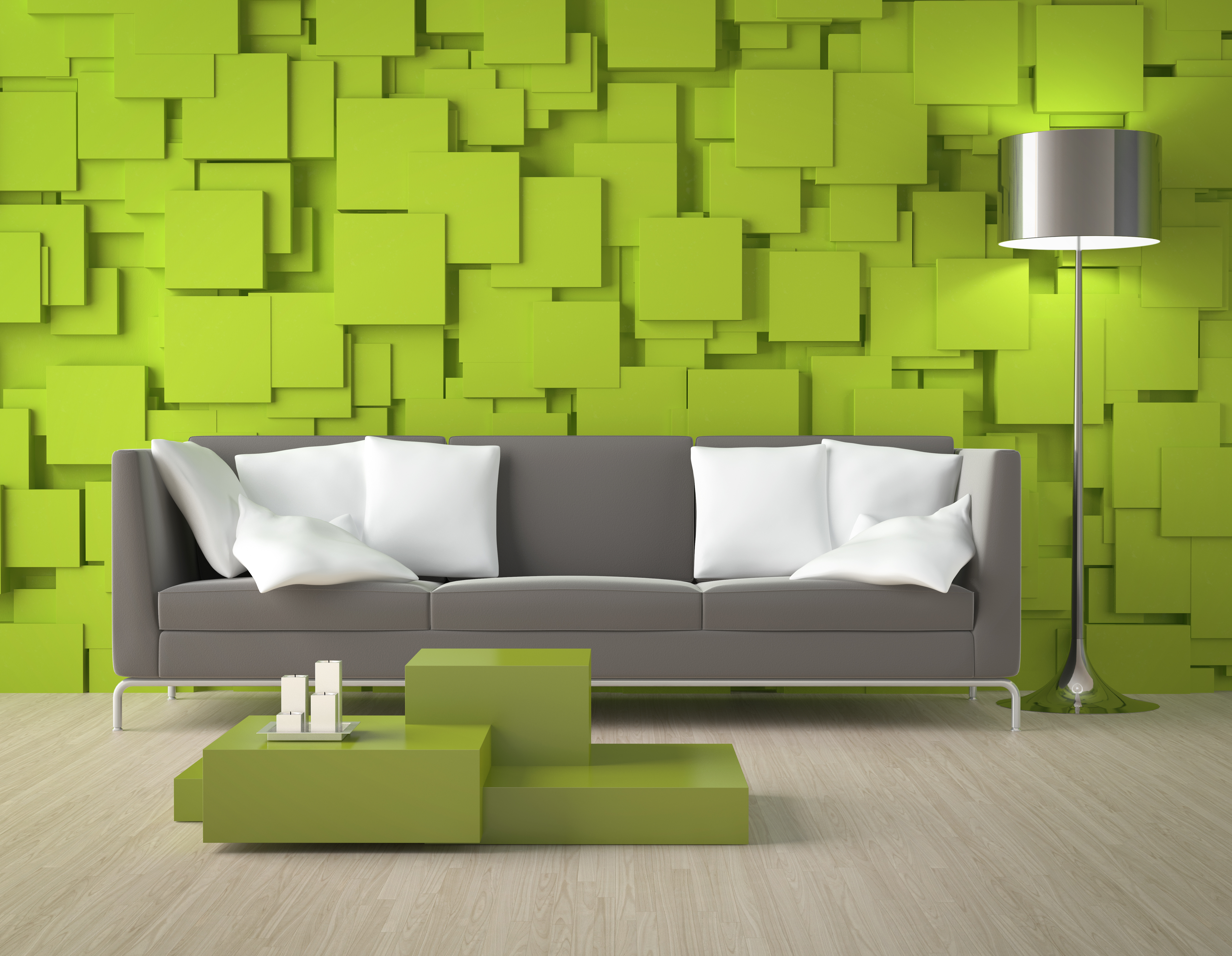 sofa, living room, man made, room, green, lamp 2160p