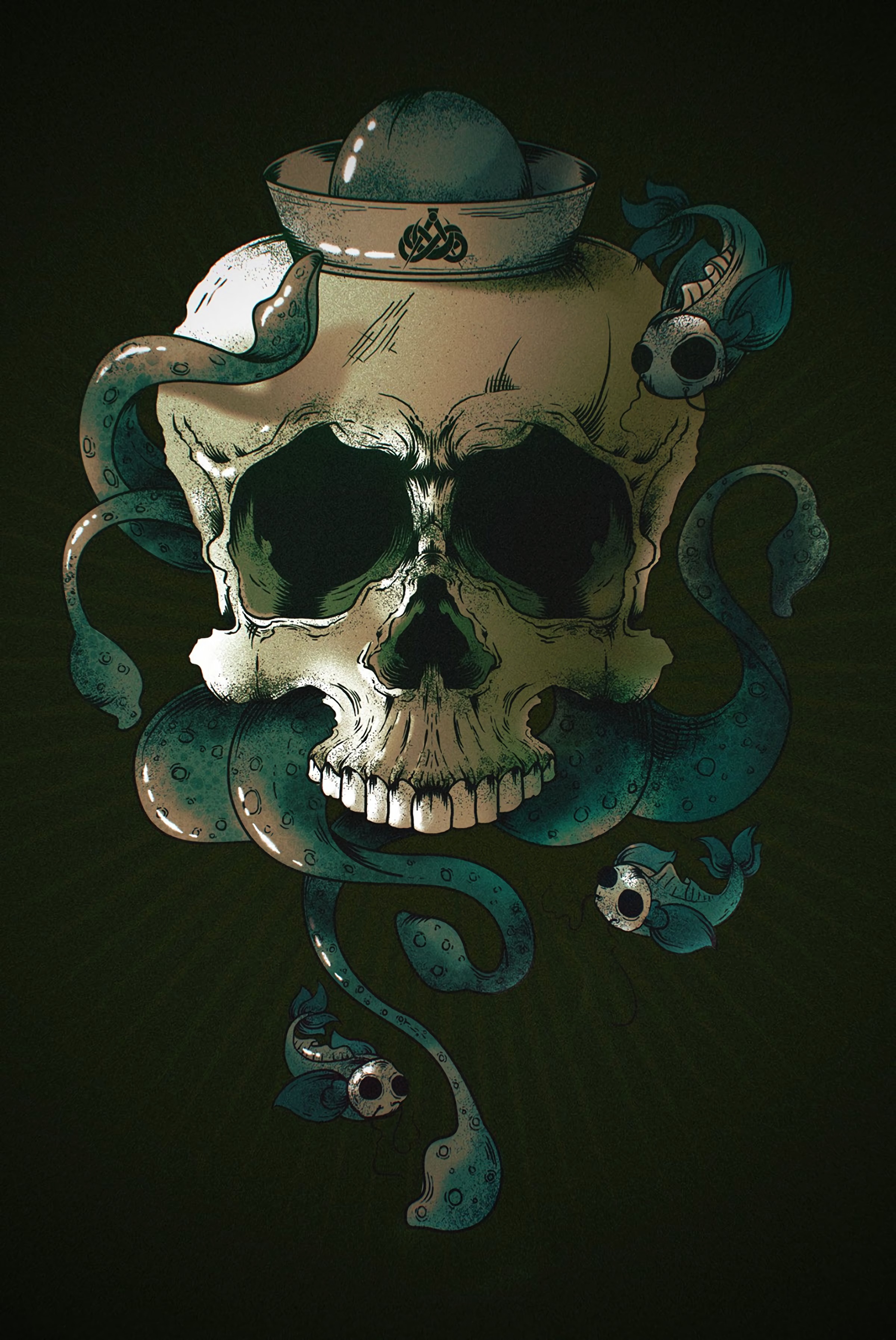 Download mobile wallpaper Skeleton, Skull, Art, Fishes for free.