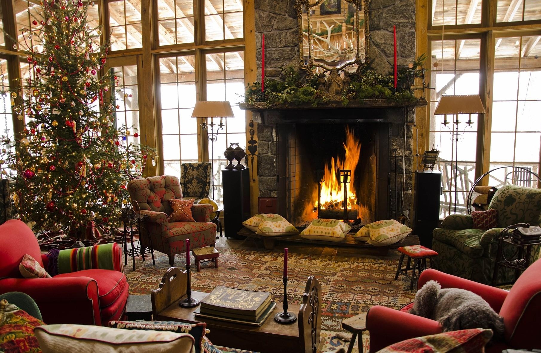 house, comfort, christmas, holidays, spruce, fir, coziness, chairs, fireplace, armchairs download HD wallpaper