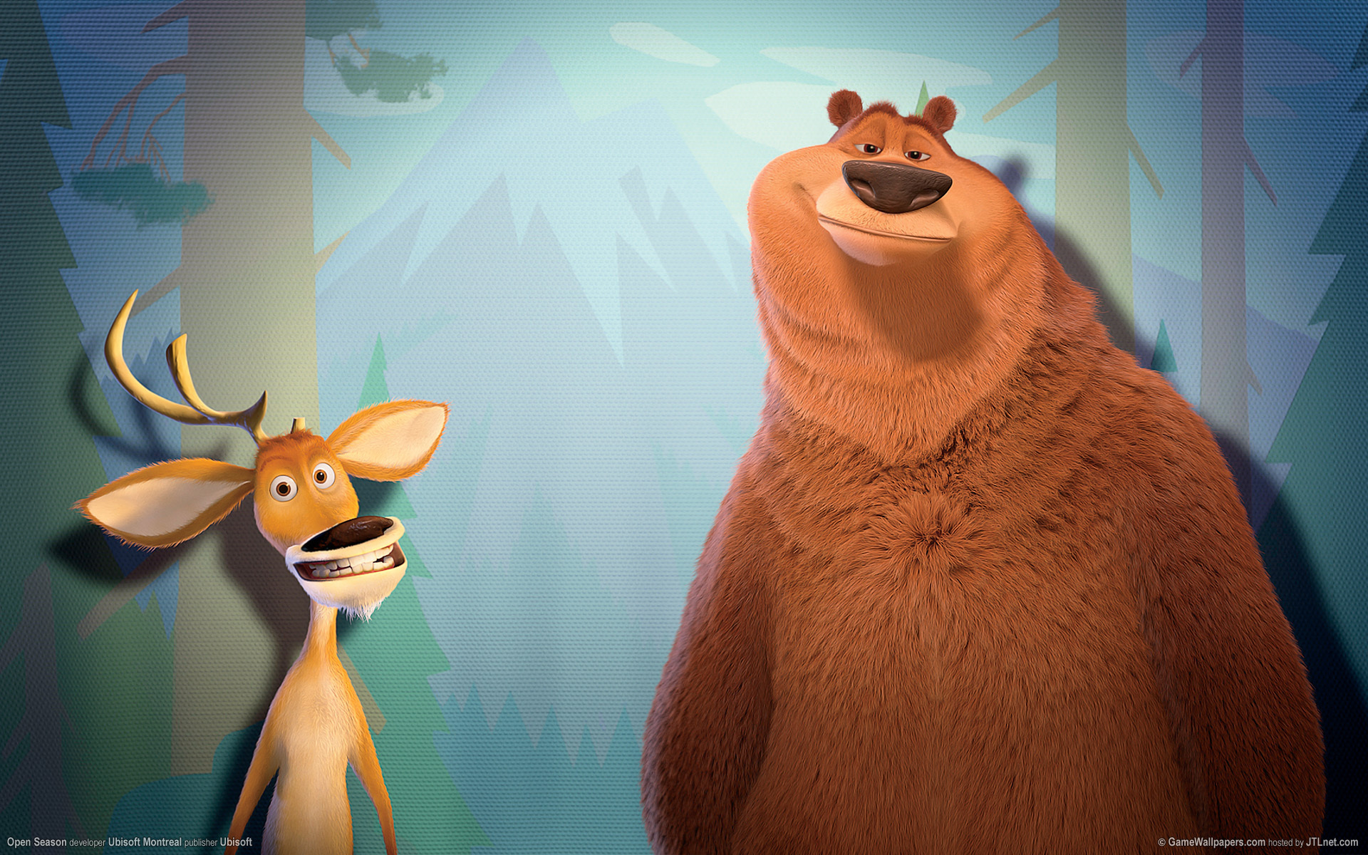 cartoon, animals, background, bears, deers, turquoise Full HD
