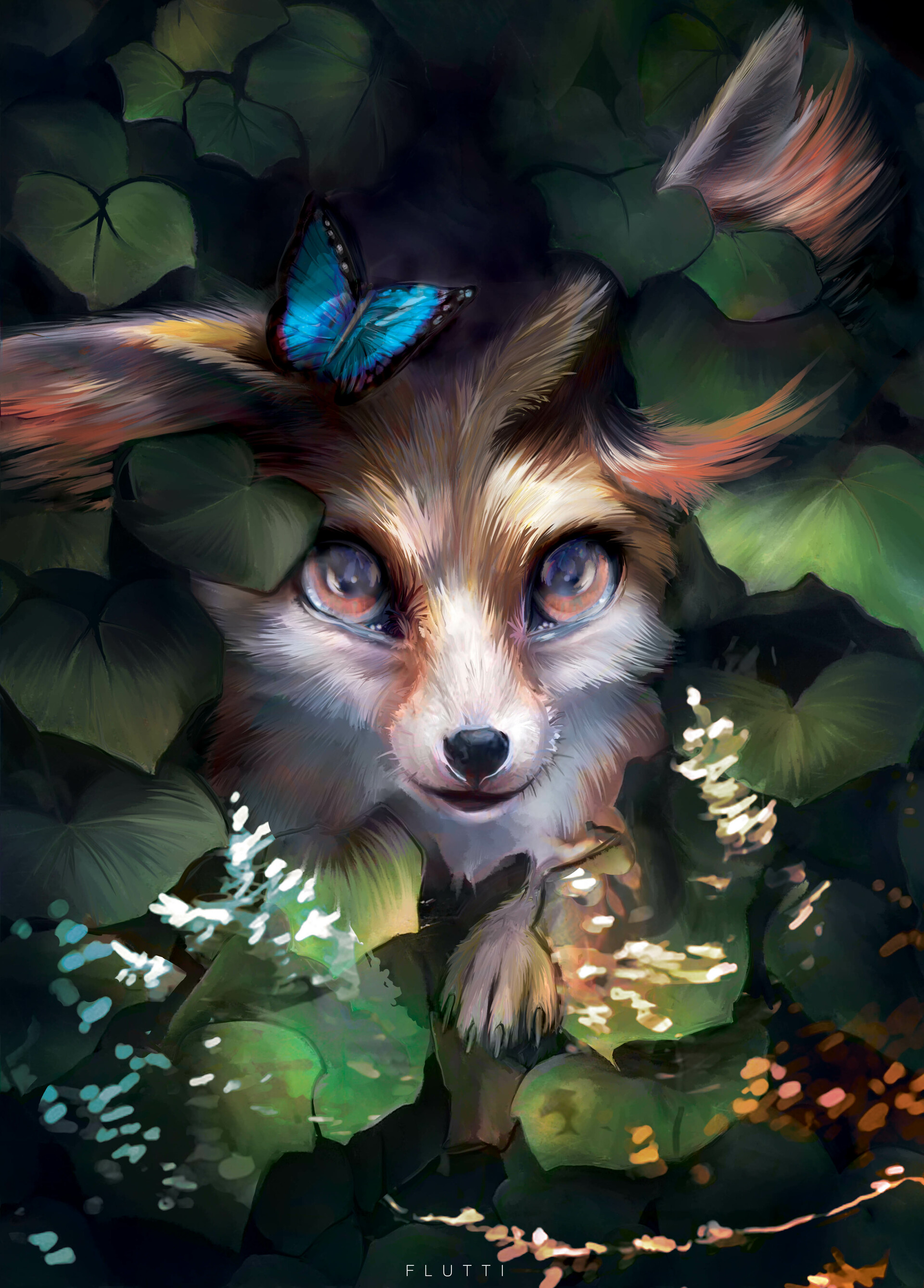 fox, nice, art, butterfly, leaves, sweetheart Full HD