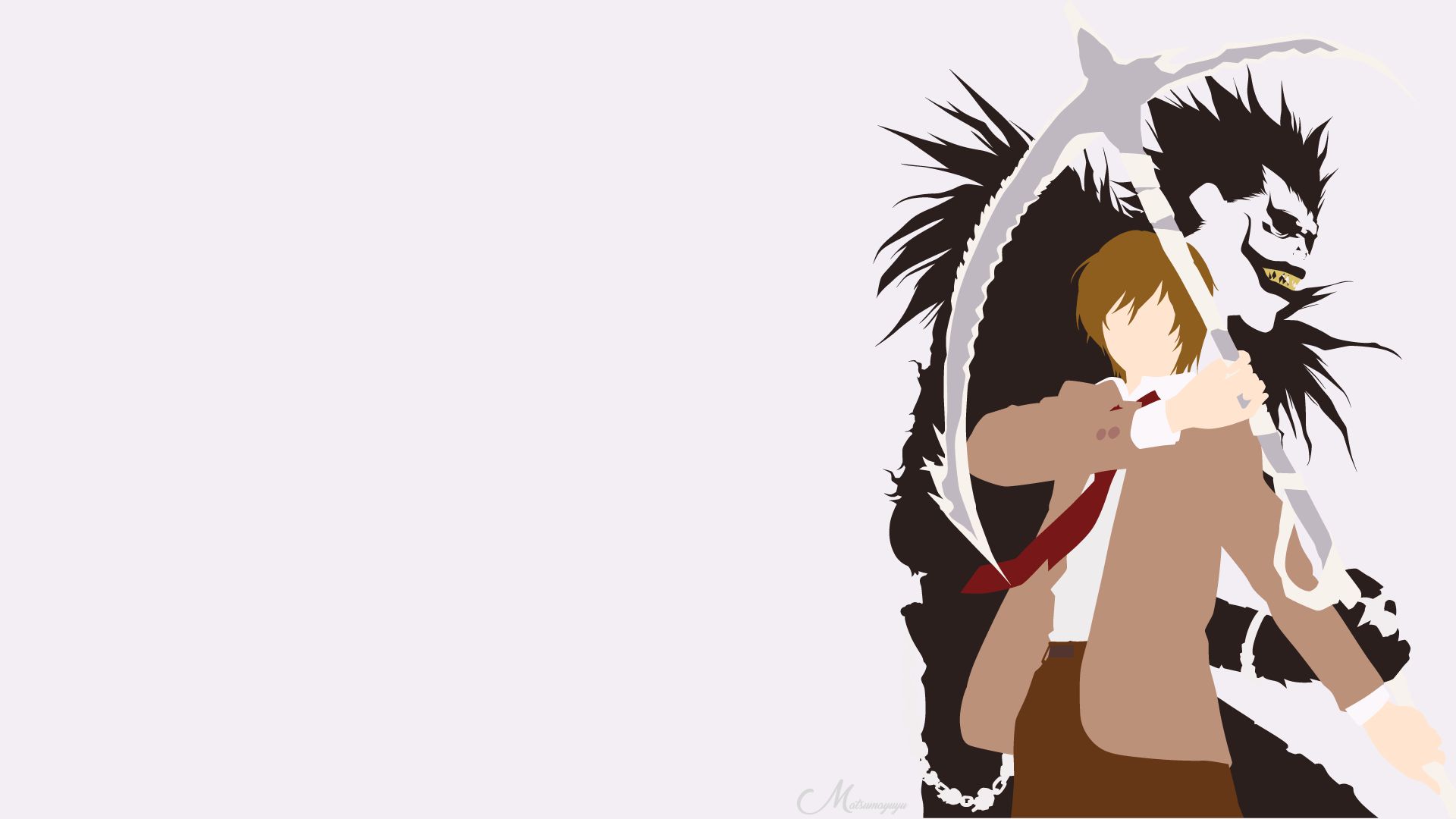 minimalist, death note, anime, black hair, brown hair, light yagami, ryuk (death note), scythe, tie, weapon for android