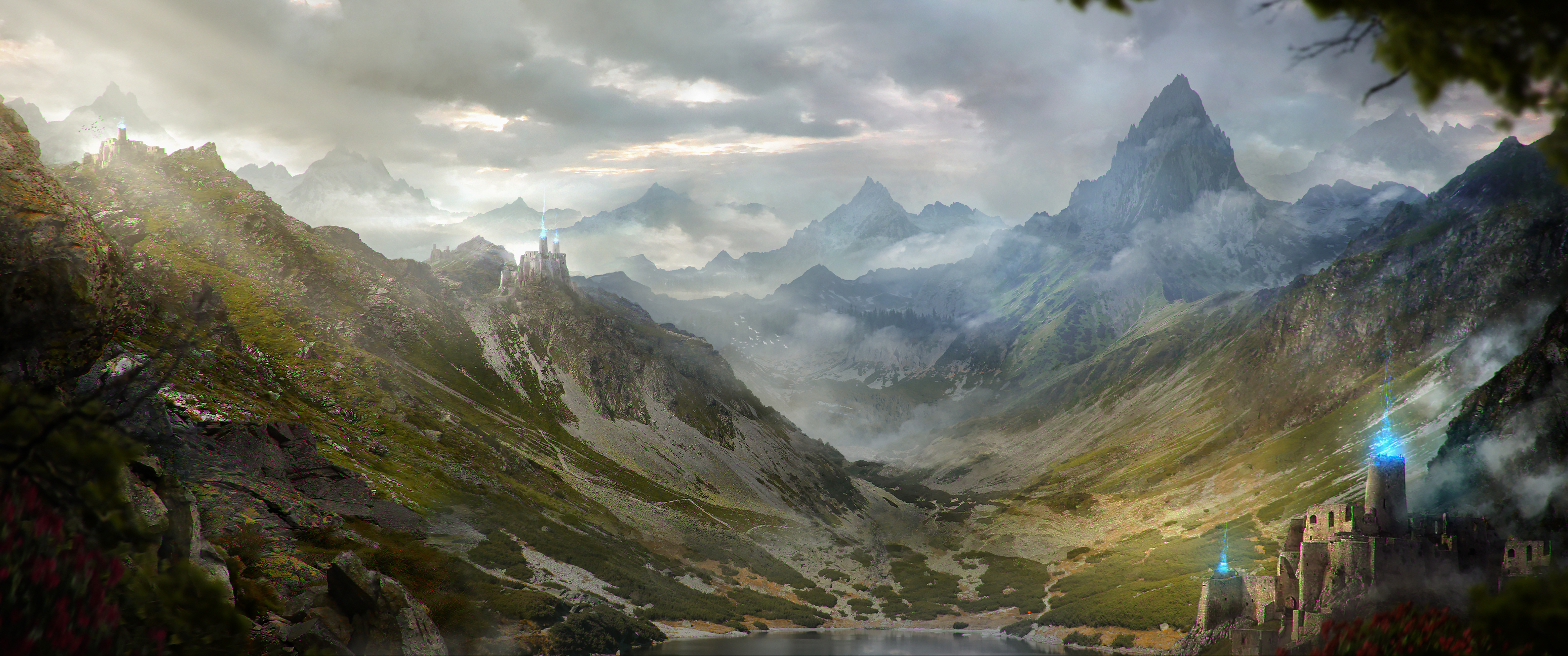 fantasy, landscape, fortress, mountain HD wallpaper