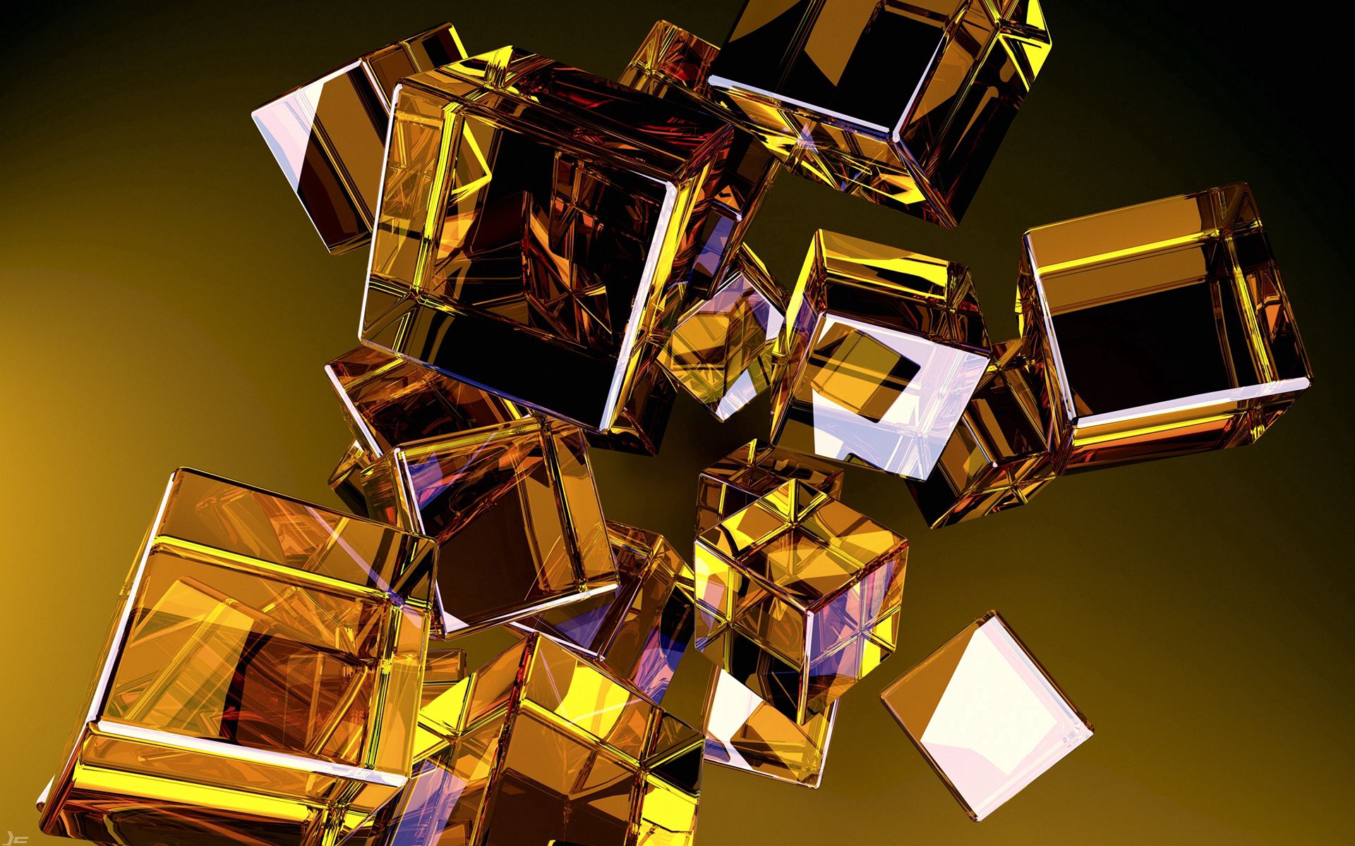 cube, form, gold, abstract, flight, glass